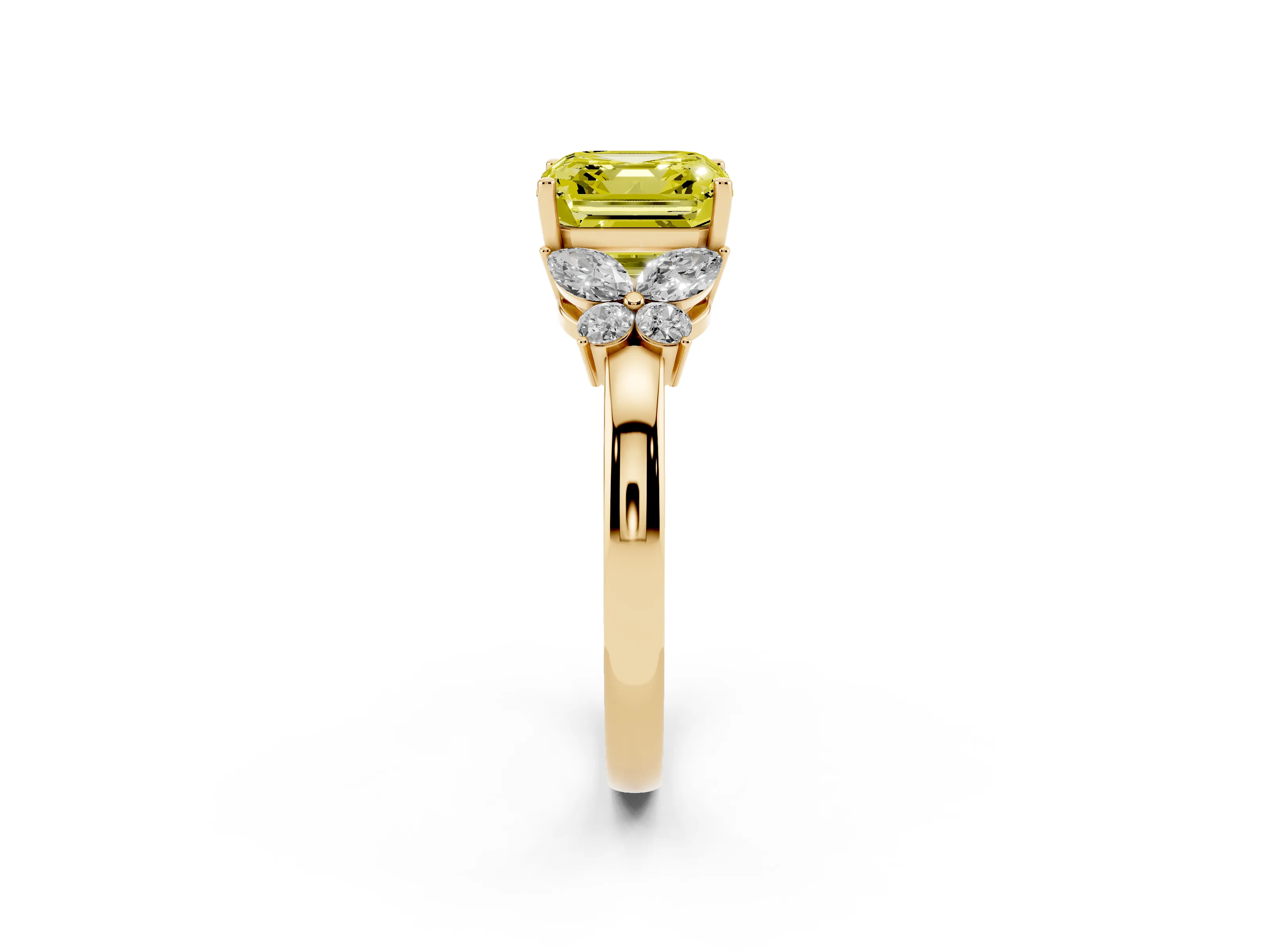 Fancy Yellow Asscher Cut Diamond Solitaire Floral Ring Set in Yellow gold with Marquise Petals and Prong Setting