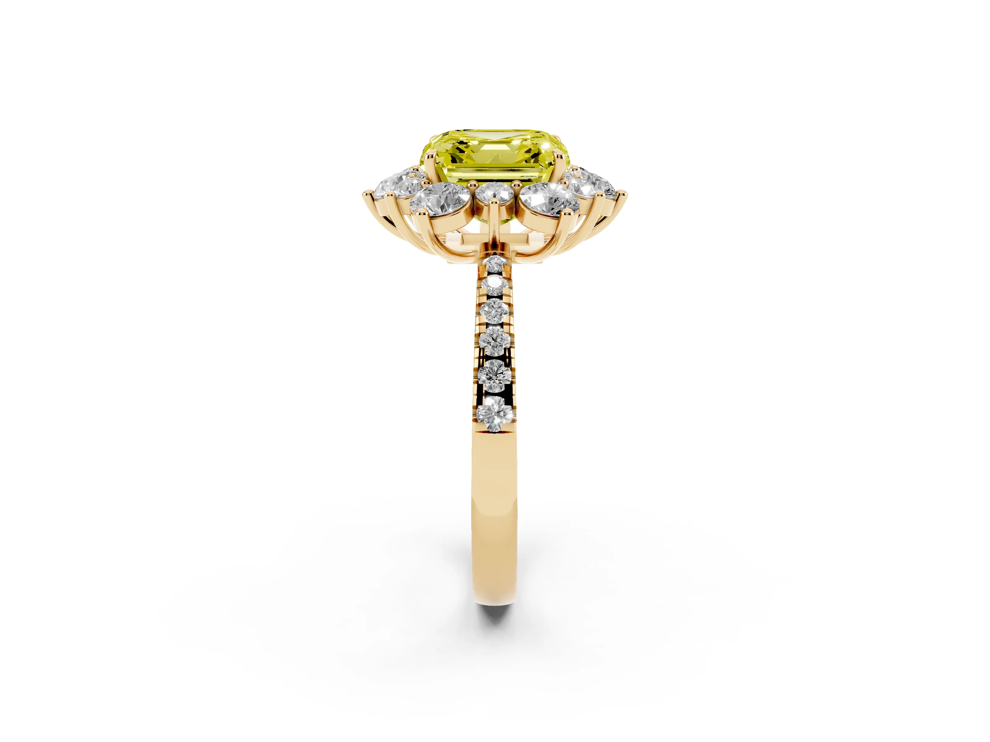 Fancy Yellow Asscher Cut Diamond Floral Halo Ring Set in Yellow gold with Round Pavé Band and Prong Setting