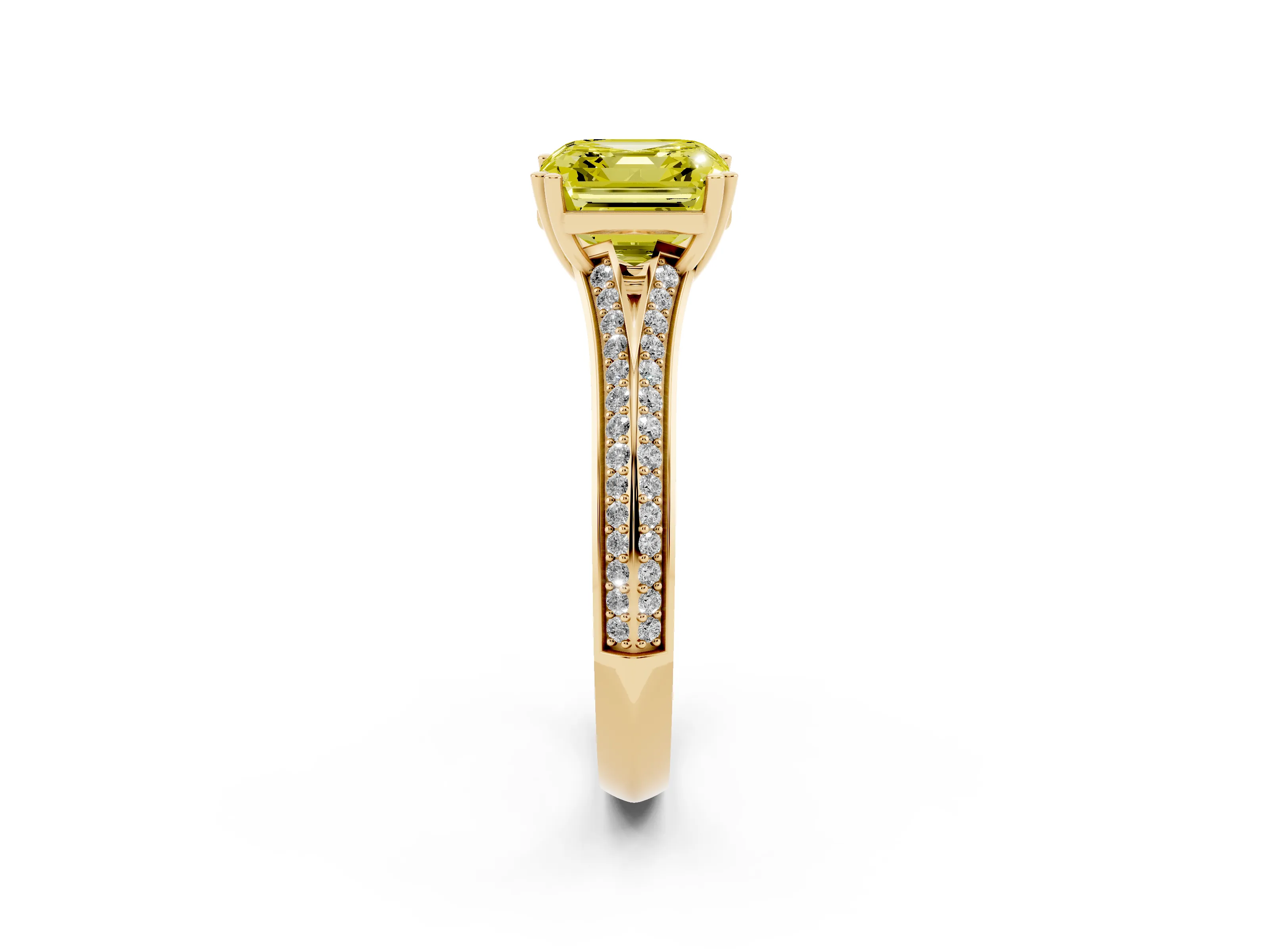 Fancy Yellow Asscher Cut Diamond Split Shank Pavé Engagement Ring Set in Yellow gold with Prong-Set Center Stone