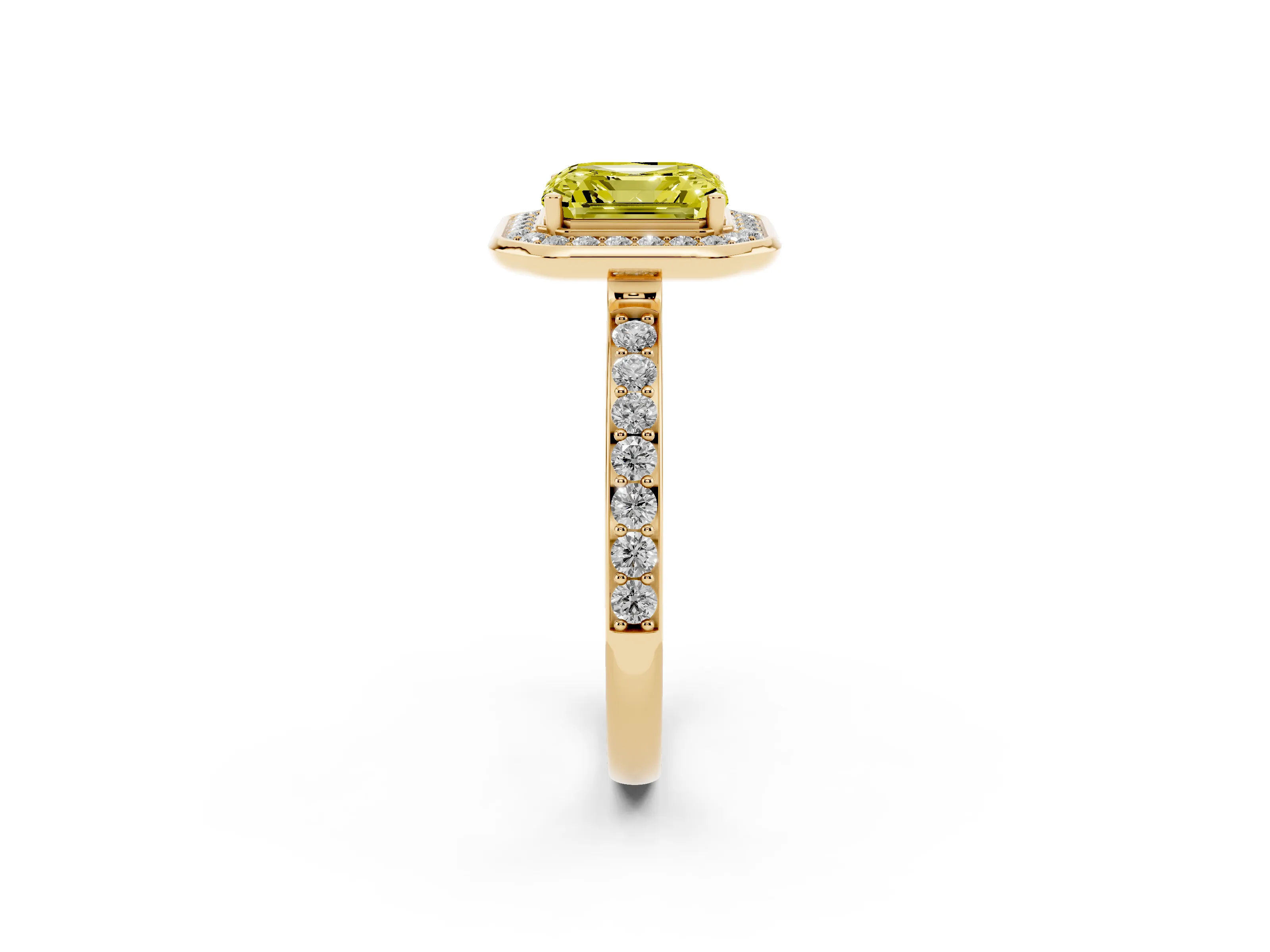 Fancy Yellow Asscher Cut Diamond Halo Ring Set in Yellow gold with Bezel Frame and Pavé Band