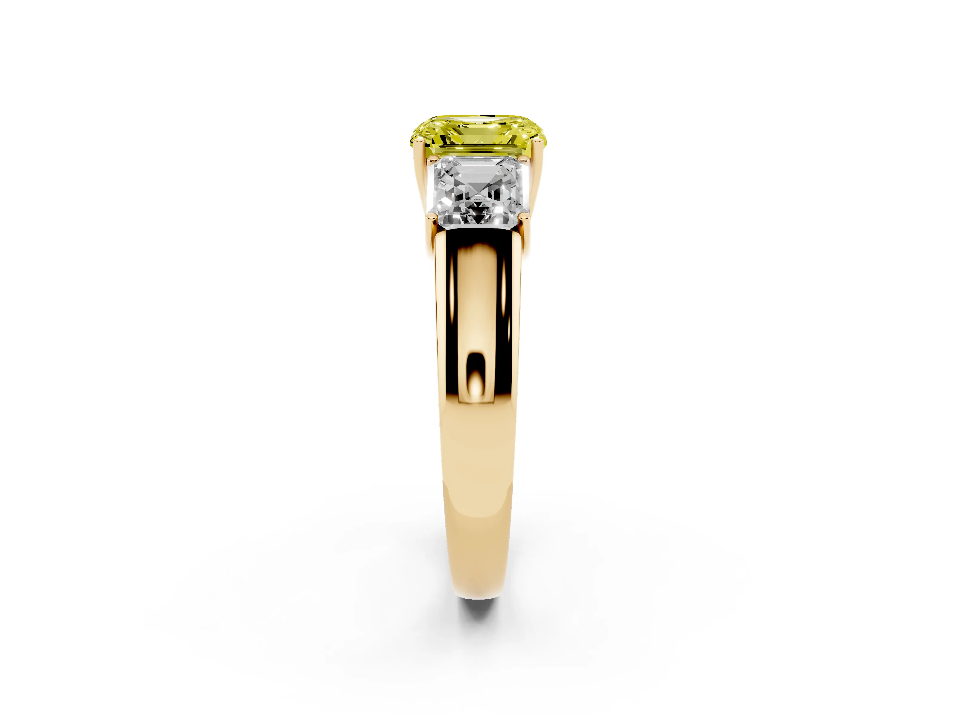 Fancy Yellow Three-Stone Asscher Cut Diamond Ring Set in Yellow gold with Matching Prong Settings and Plain Band