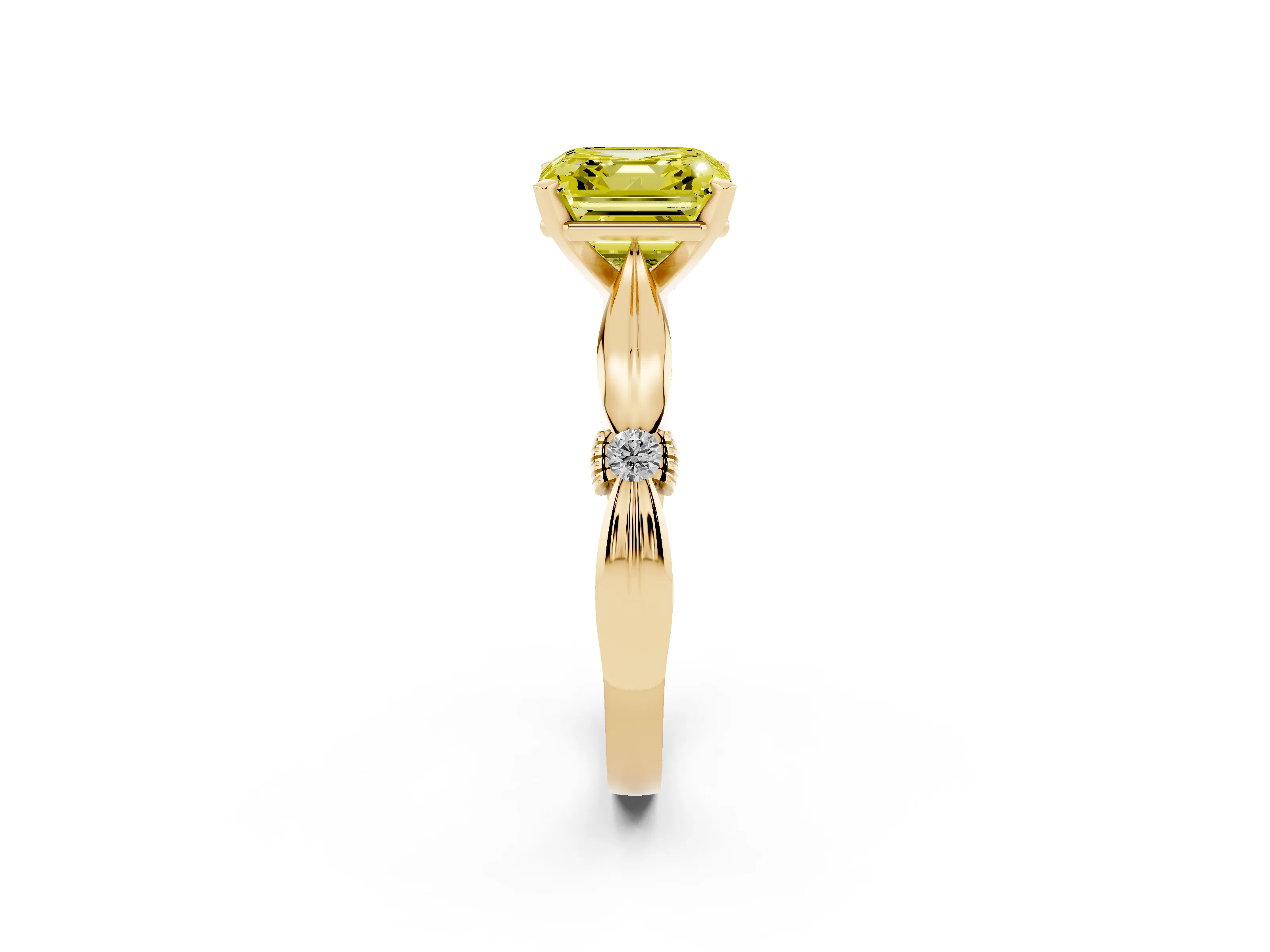 Fancy Yellow Asscher Cut Diamond Solitaire Twisted Band Ring Set in Yellow gold with Accent Stones and Prong Setting