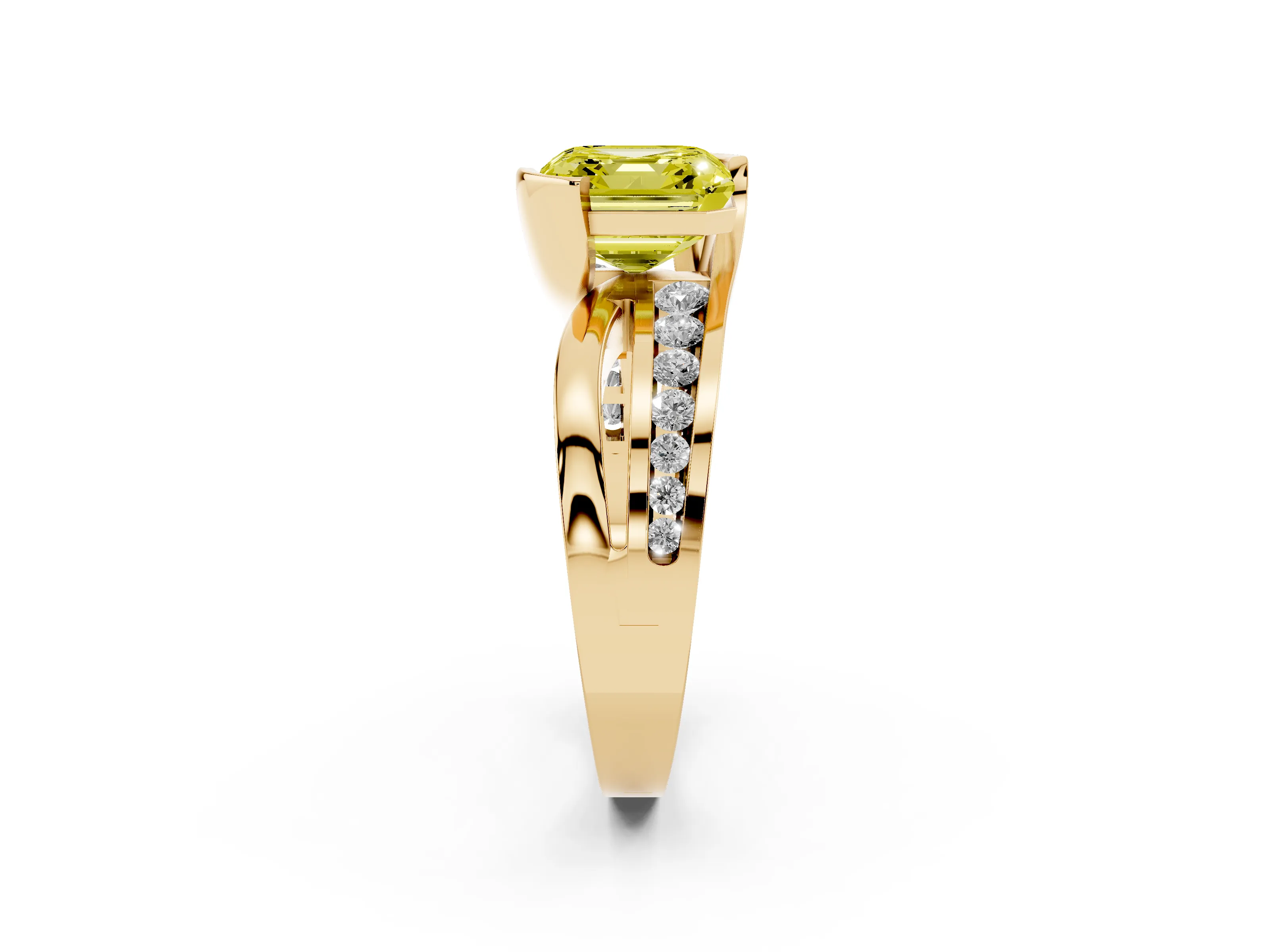 Fancy Yellow Asscher Cut Diamond Solitaire Ring Set in Yellow gold with Channel Set Split Shank and Tension Prongs