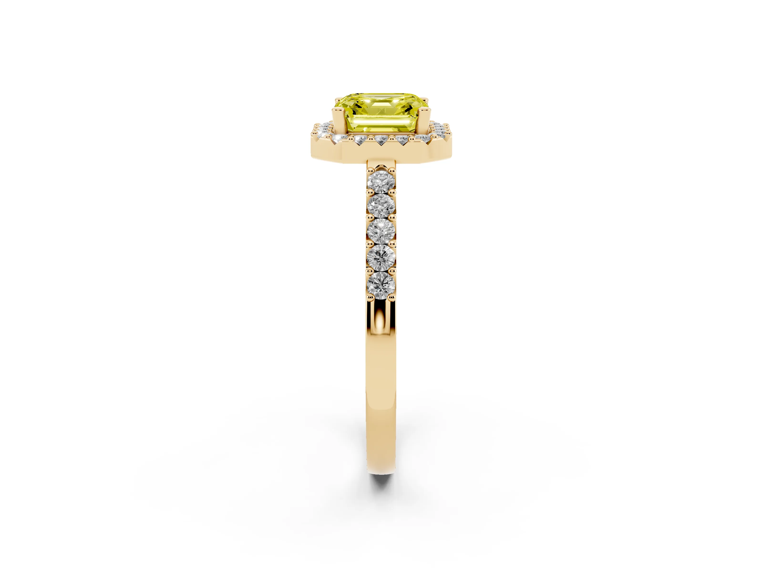 Fancy Yellow Asscher Cut Diamond Halo Pavé Solitaire Ring Set in Yellow gold with Prong-Set Center Stone