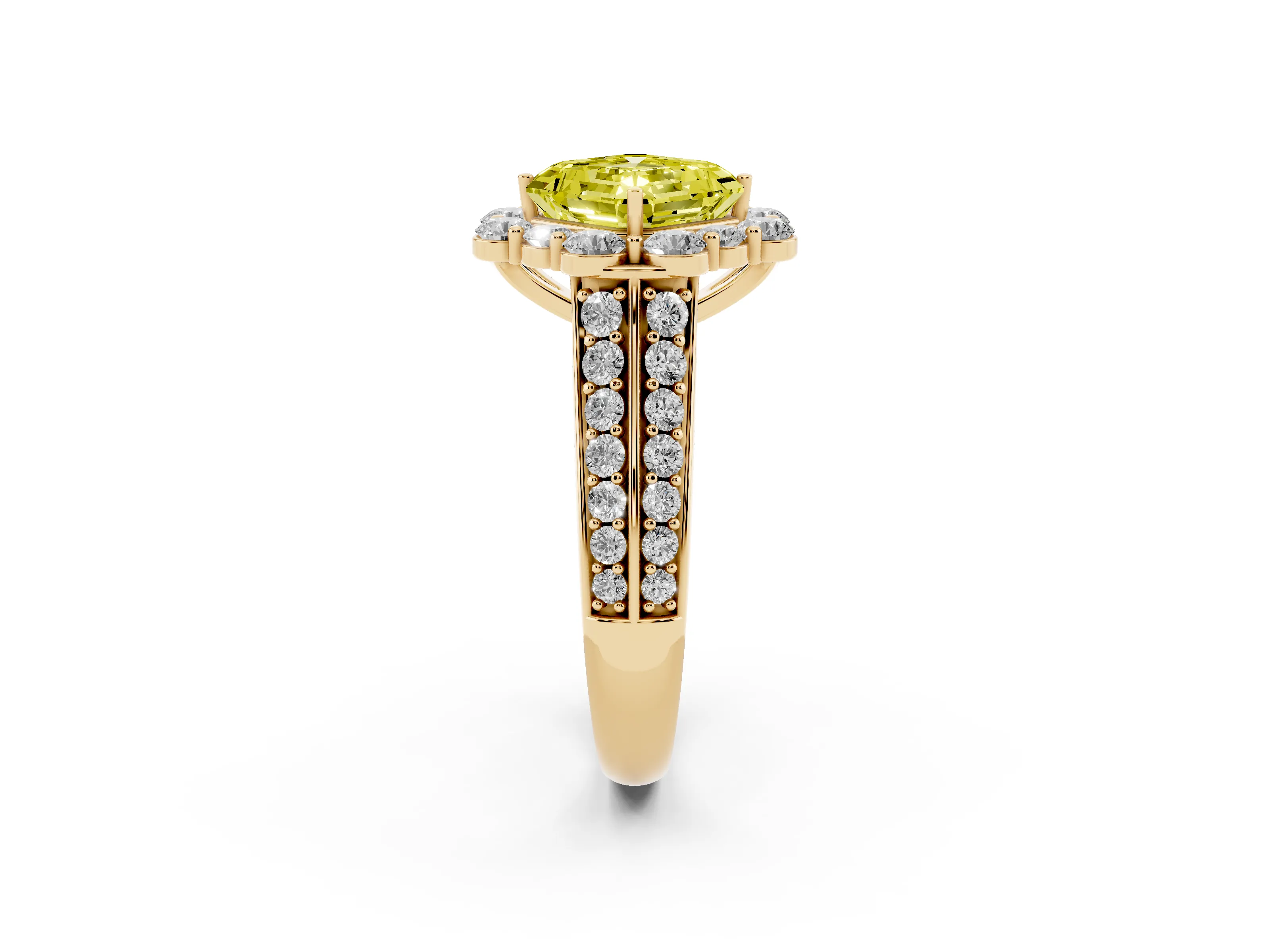 Fancy Yellow Asscher Cut Diamond Halo Engagement Ring Set in Yellow gold with Split Shank and Prong Setting