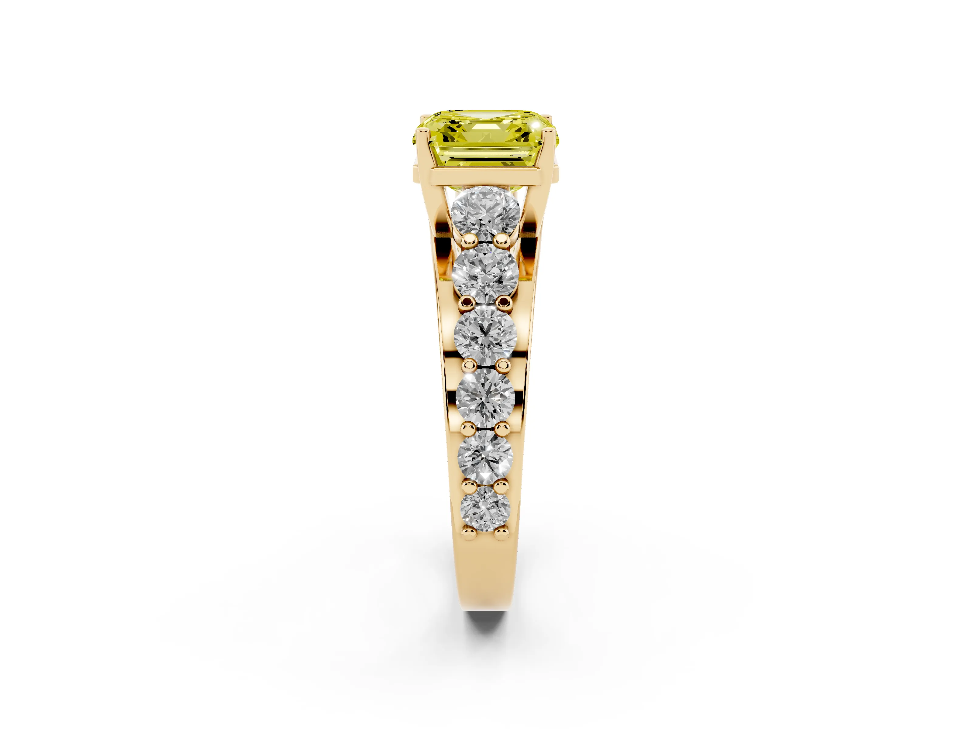 Fancy Yellow Asscher Cut Diamond Pavé Engagement Ring Set in Yellow gold with Prong Setting