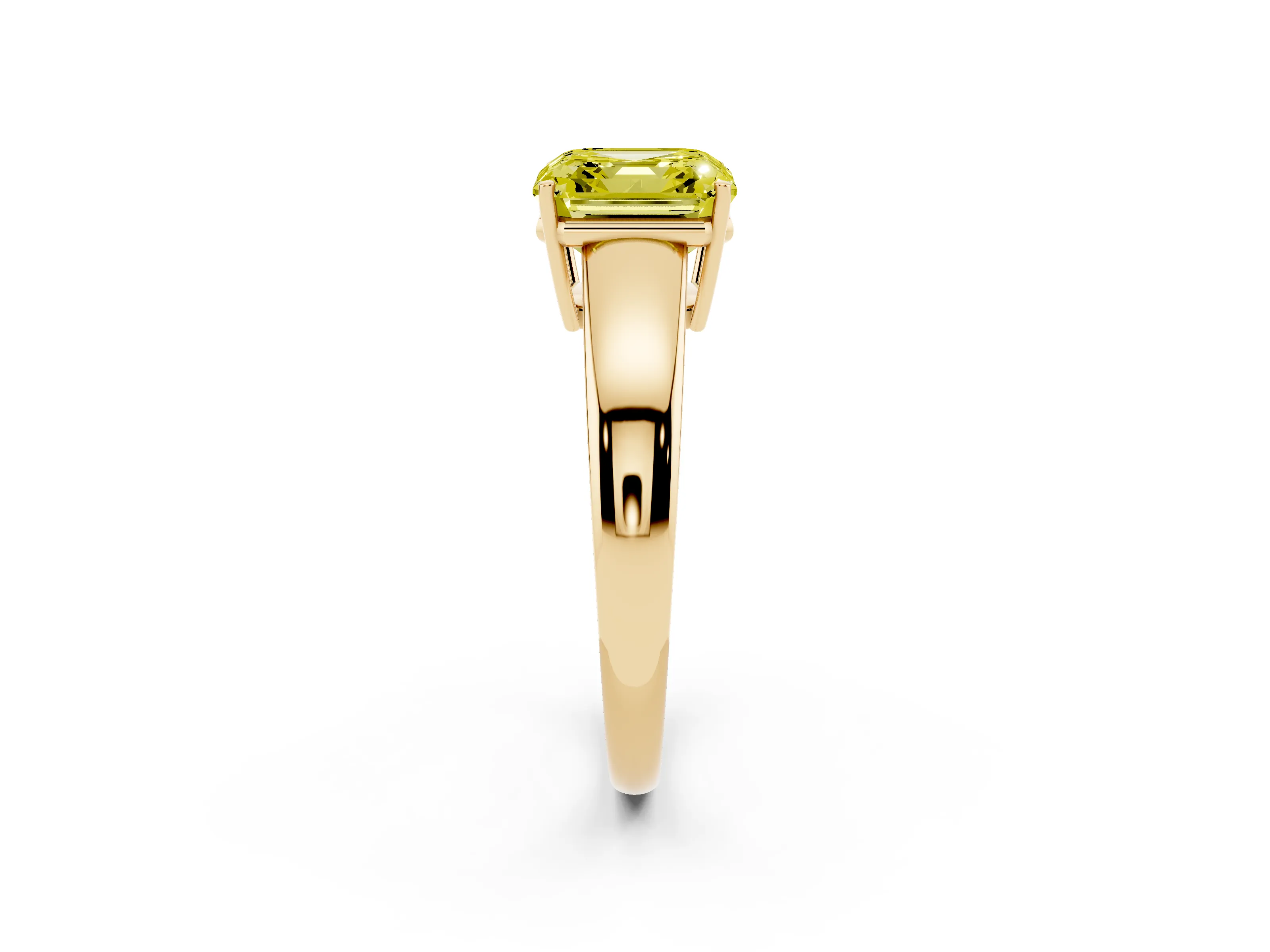 Fancy Yellow Asscher Cut Diamond Solitaire Ring Set in Yellow gold with Tapered Band and Prong Setting