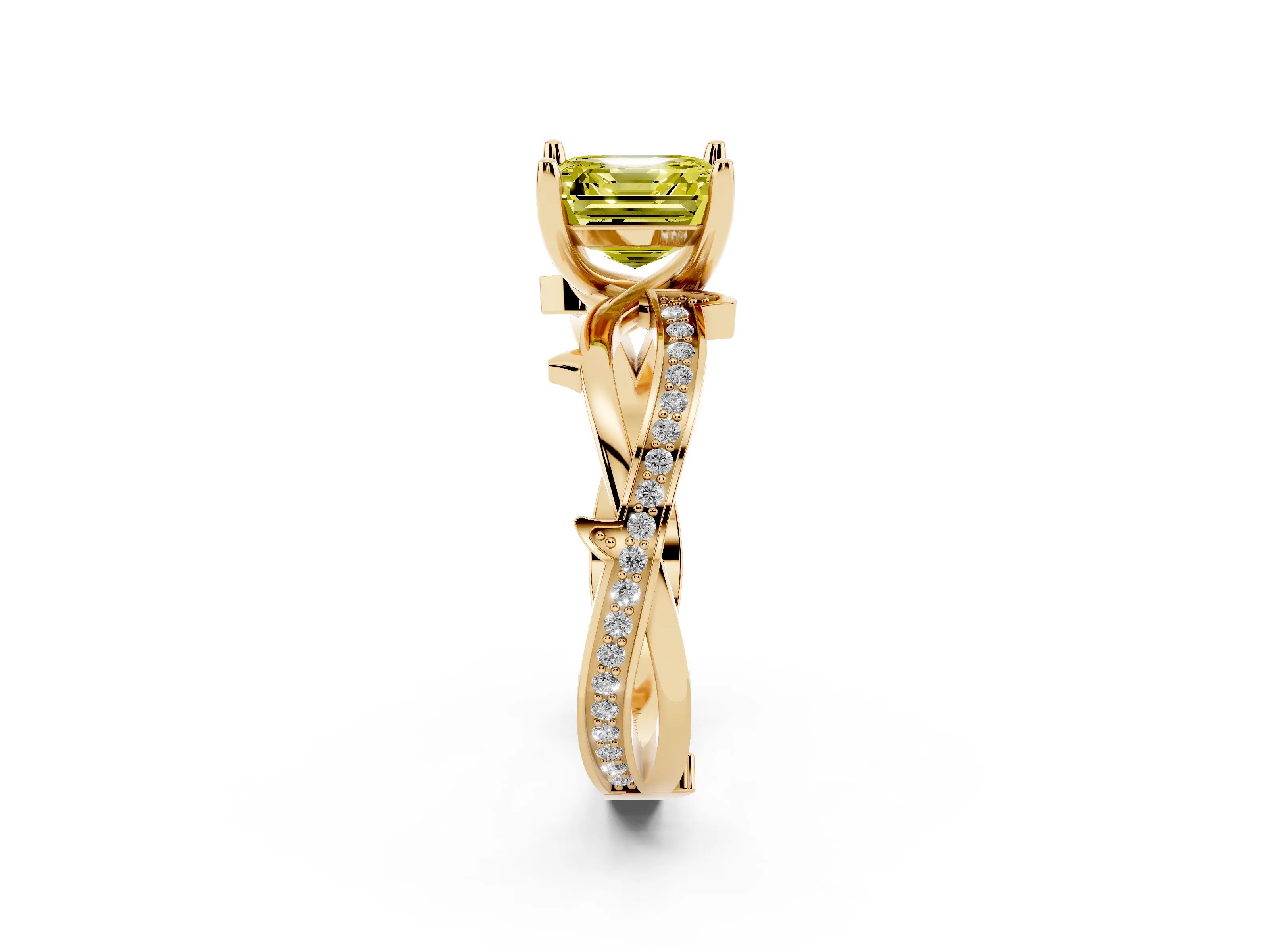 Fancy Yellow Asscher Cut Diamond Pavé Twist Band Solitaire Ring Set in Yellow gold with Prong Setting