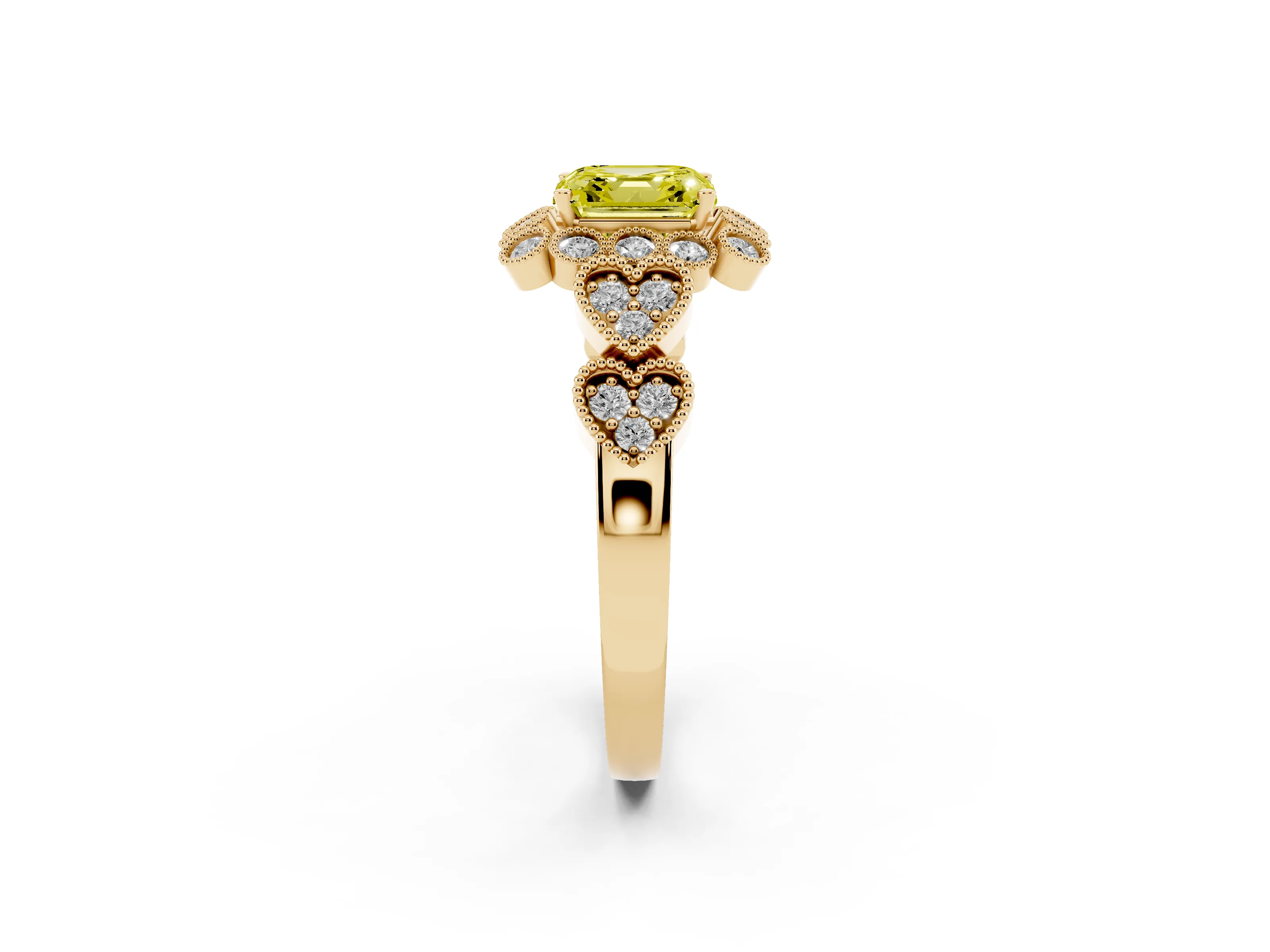 Fancy Yellow Asscher Cut Diamond Solitaire Ring Set in Yellow gold with Milgrain Pavé Heart Band