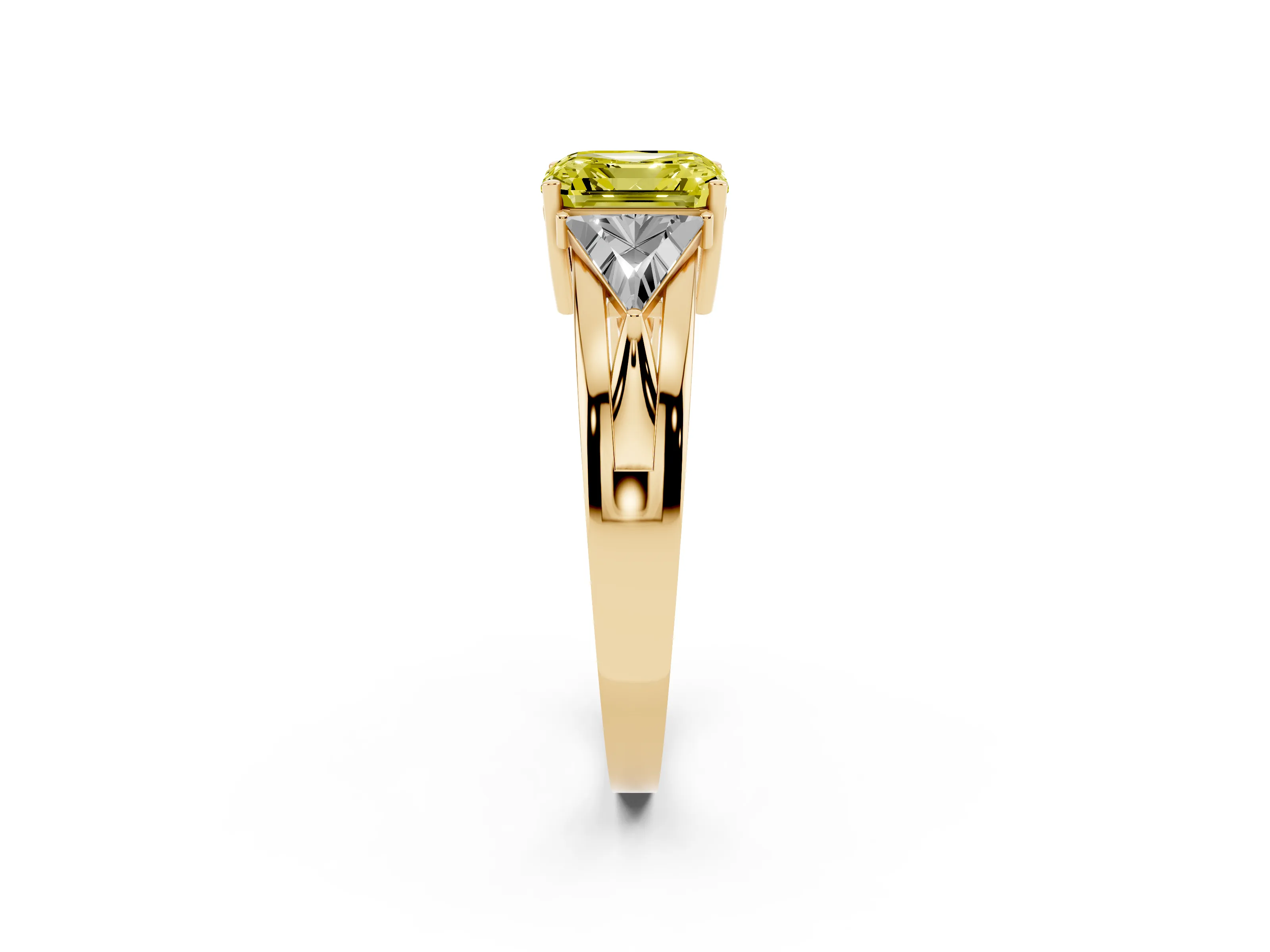 Fancy Yellow Asscher Cut Diamond Three-Stone Ring Set in Yellow gold with Trillion Side Stones and Split Shank