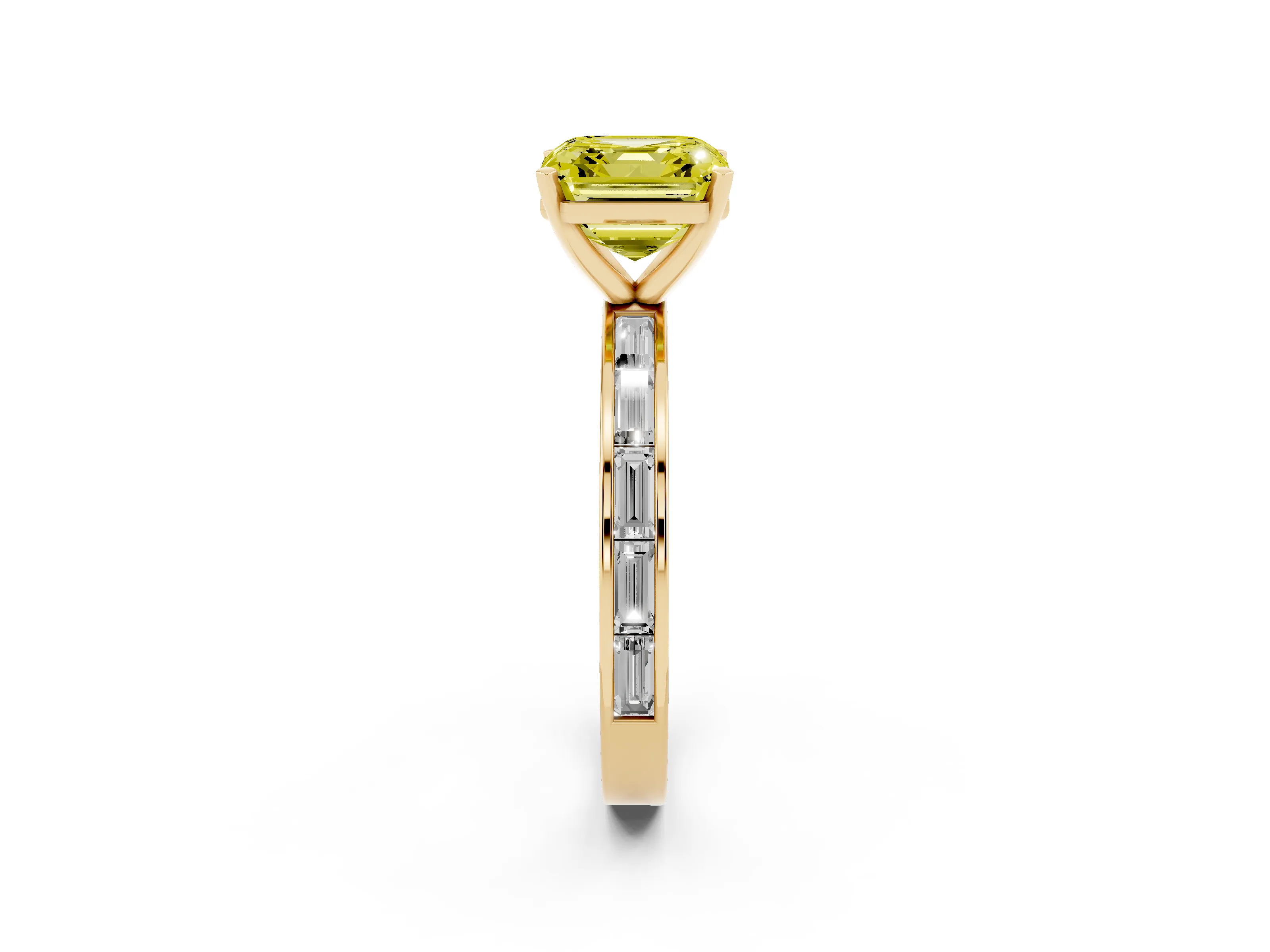 Fancy Yellow Asscher Cut Diamond Solitaire Ring Set in Yellow gold with Channel-Set Baguette Band and Prong Setting