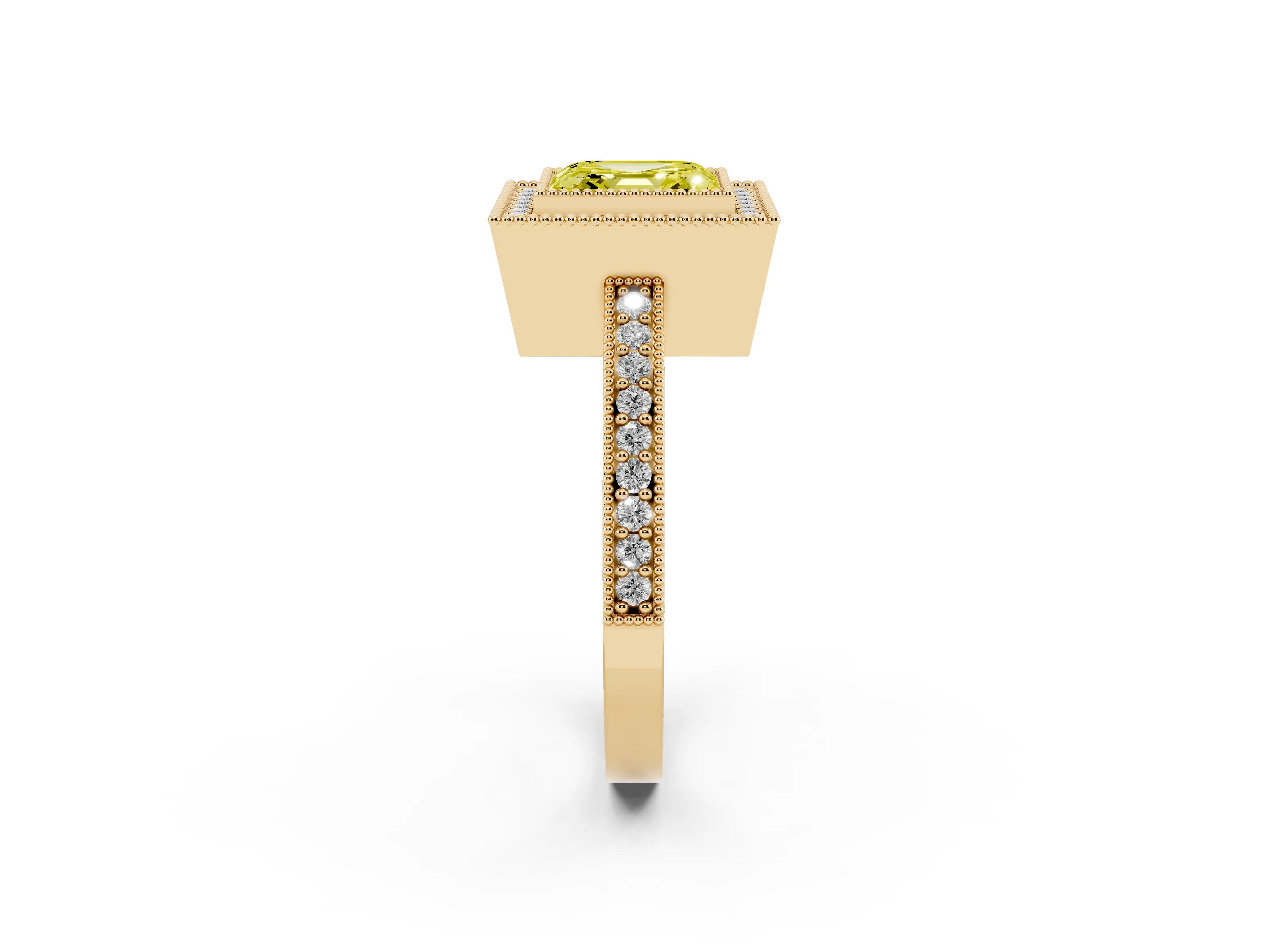 Fancy Yellow Asscher Cut Diamond Halo Engagement Ring Set in Yellow gold with Pavé Band and Round Halo Stones