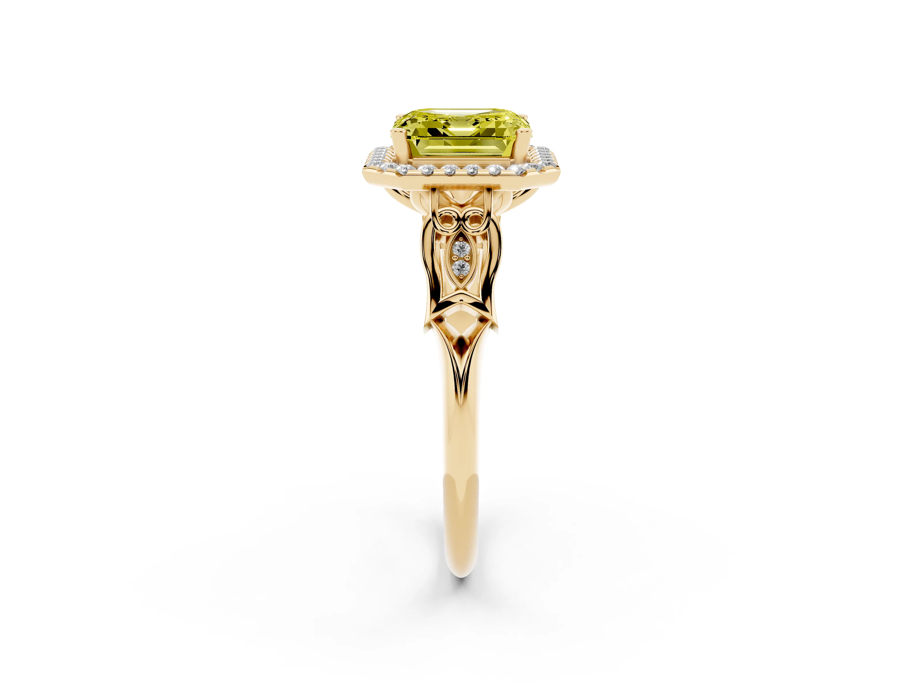 Fancy Yellow Asscher Cut Diamond Halo Engagement Ring Set in Yellow gold with Filigree Band and Prong-Set Center