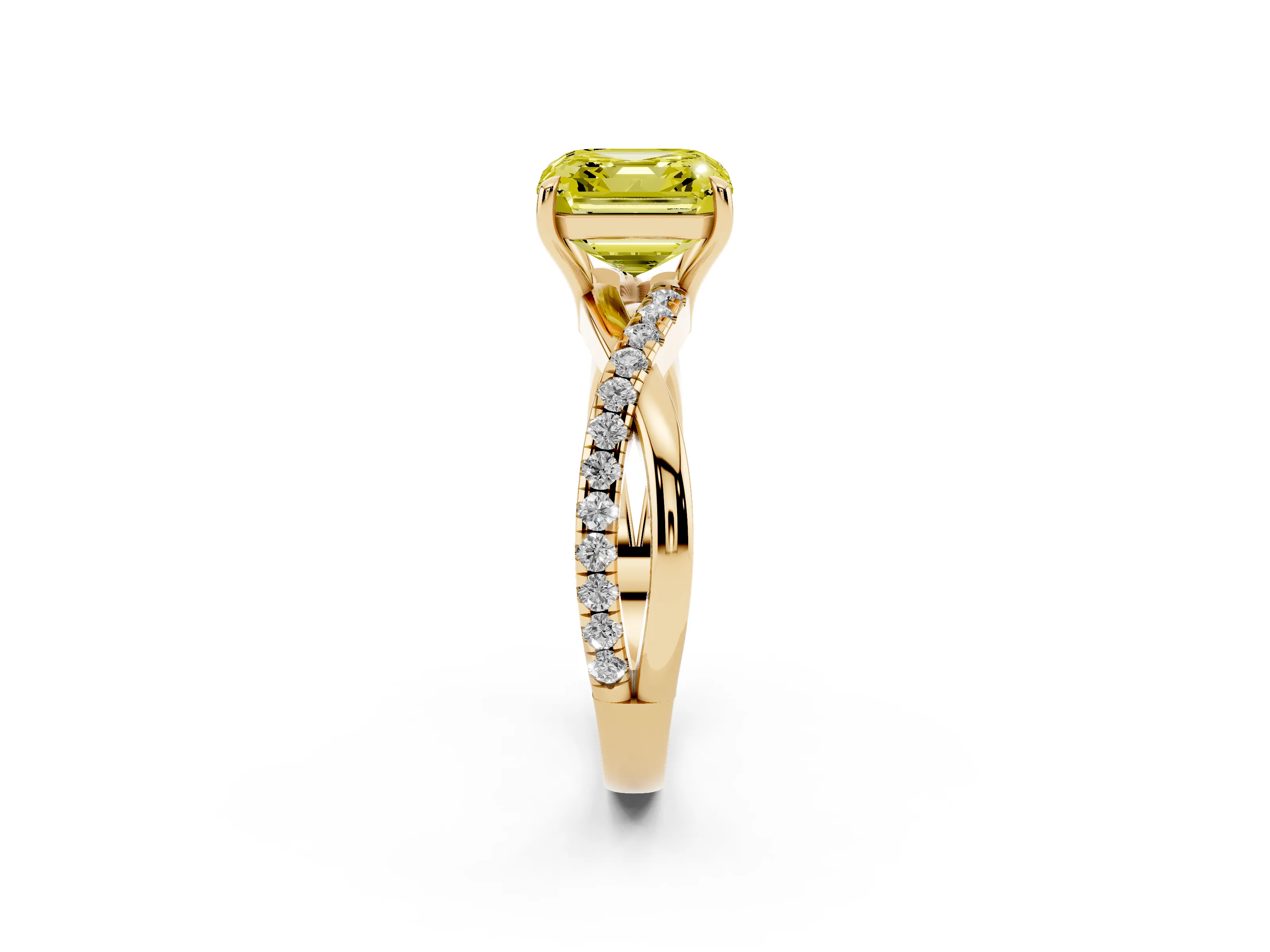Fancy Yellow Asscher Cut Diamond Twisted Pavé Band Ring Set in Yellow gold with Prong Setting