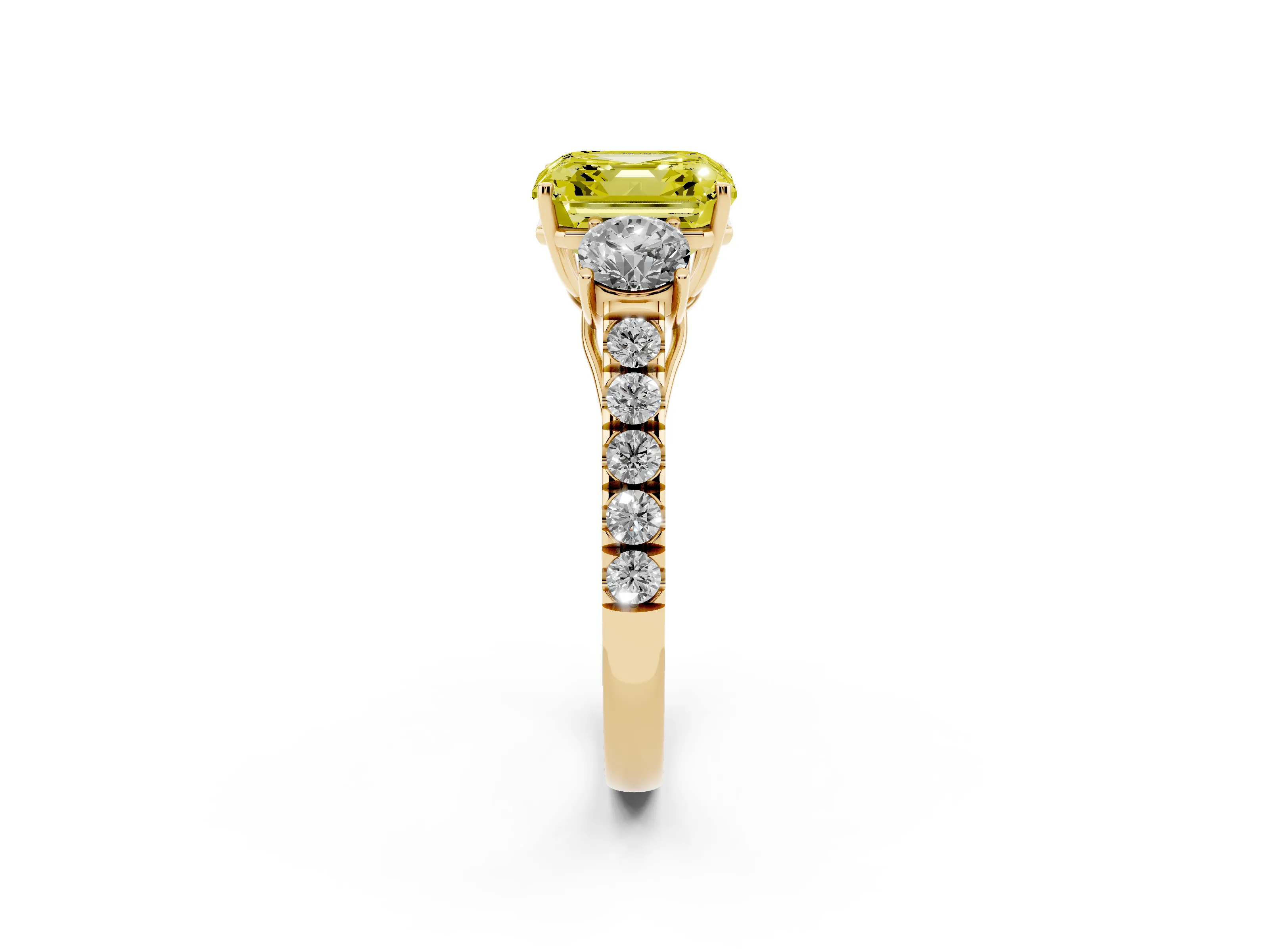 Fancy Yellow Asscher Cut Diamond Three-Stone Ring Set in Yellow gold with Round Side Stones and Delicate Pavé Band