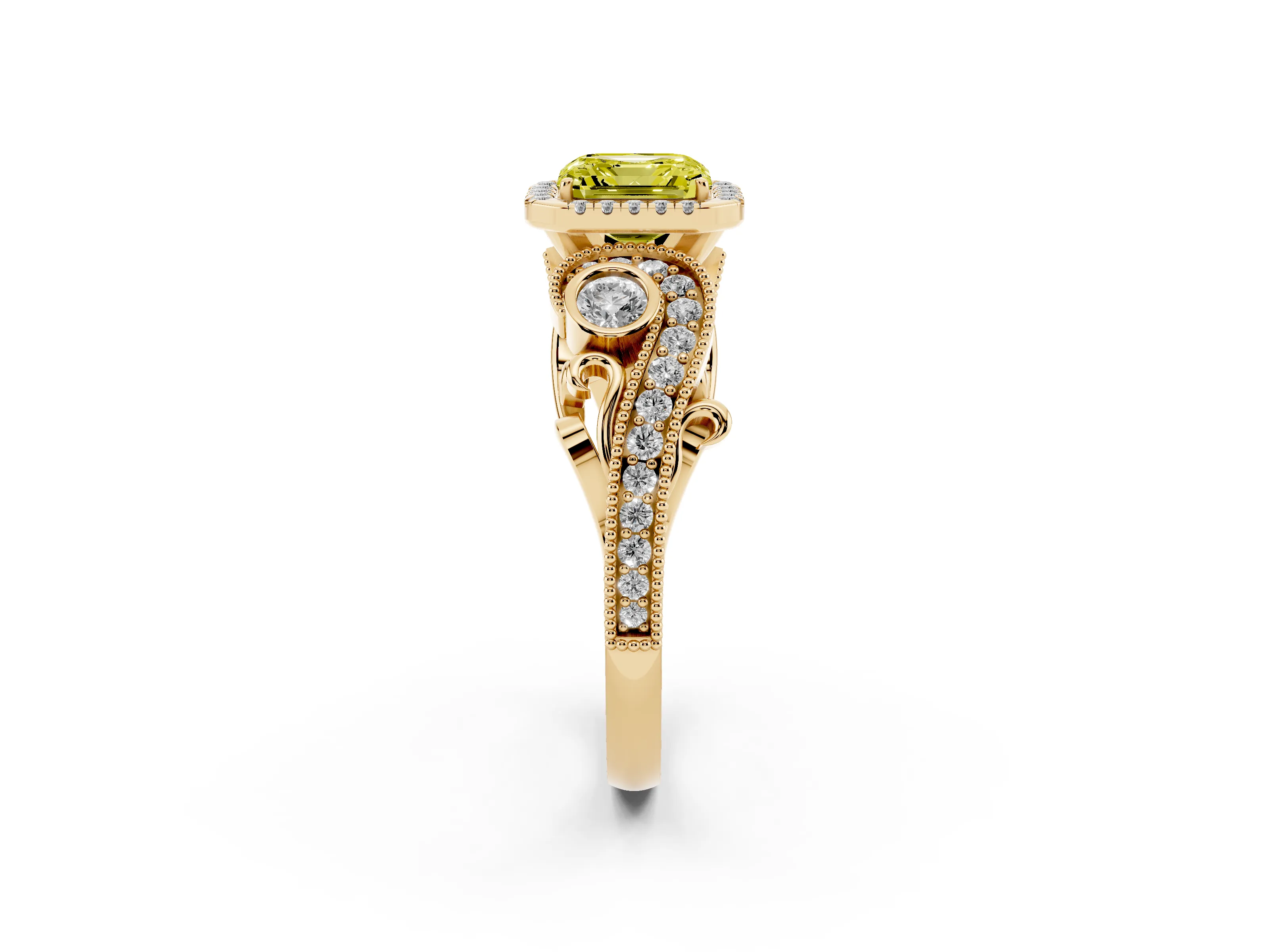 Fancy Yellow Asscher Cut Diamond Halo Ring Set in Yellow gold with Milgrain Pavé Band and Prong Setting