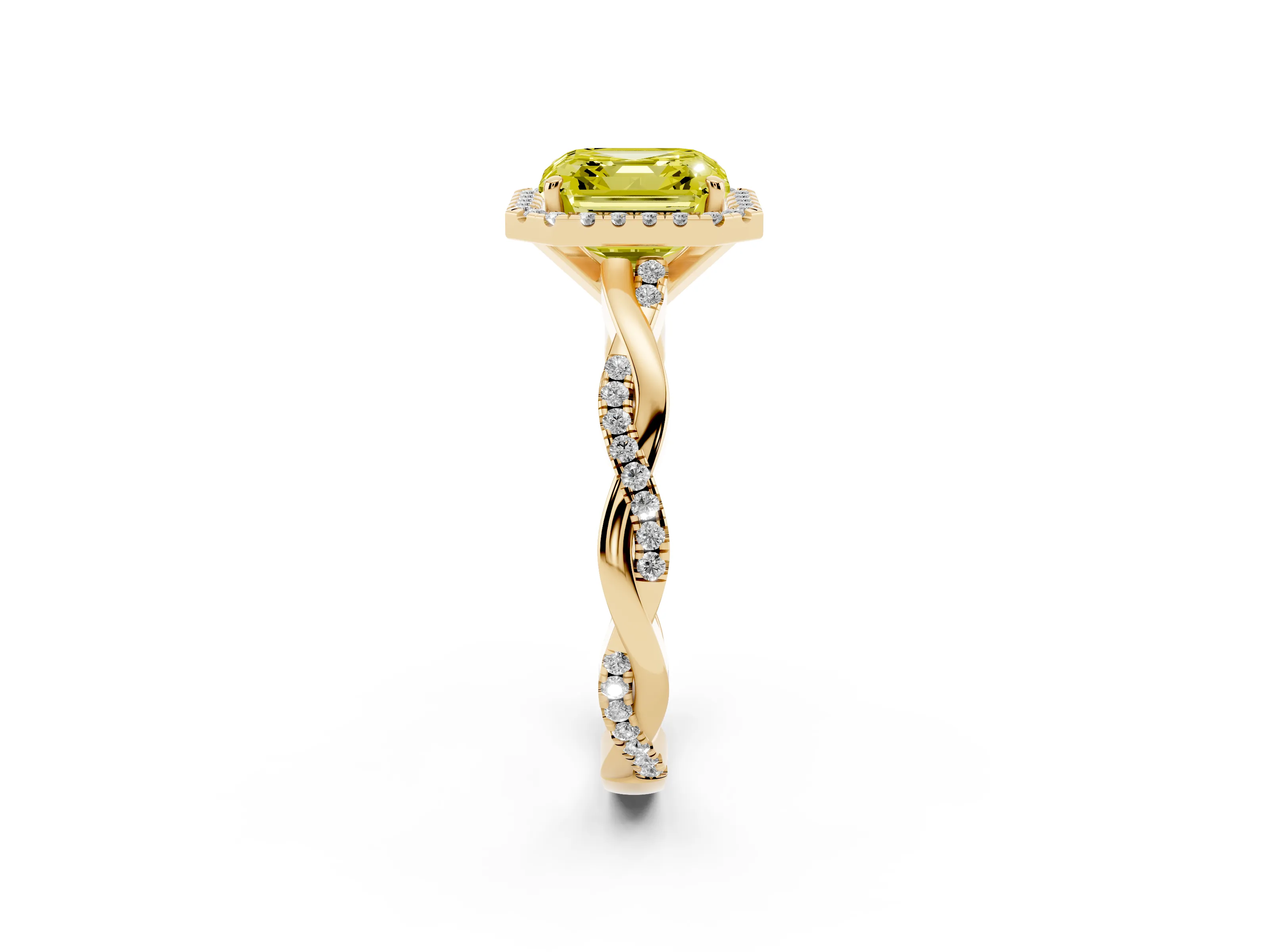 Fancy Yellow Asscher Cut Diamond Halo Twisted Band Ring Set in Yellow gold with Prong Setting