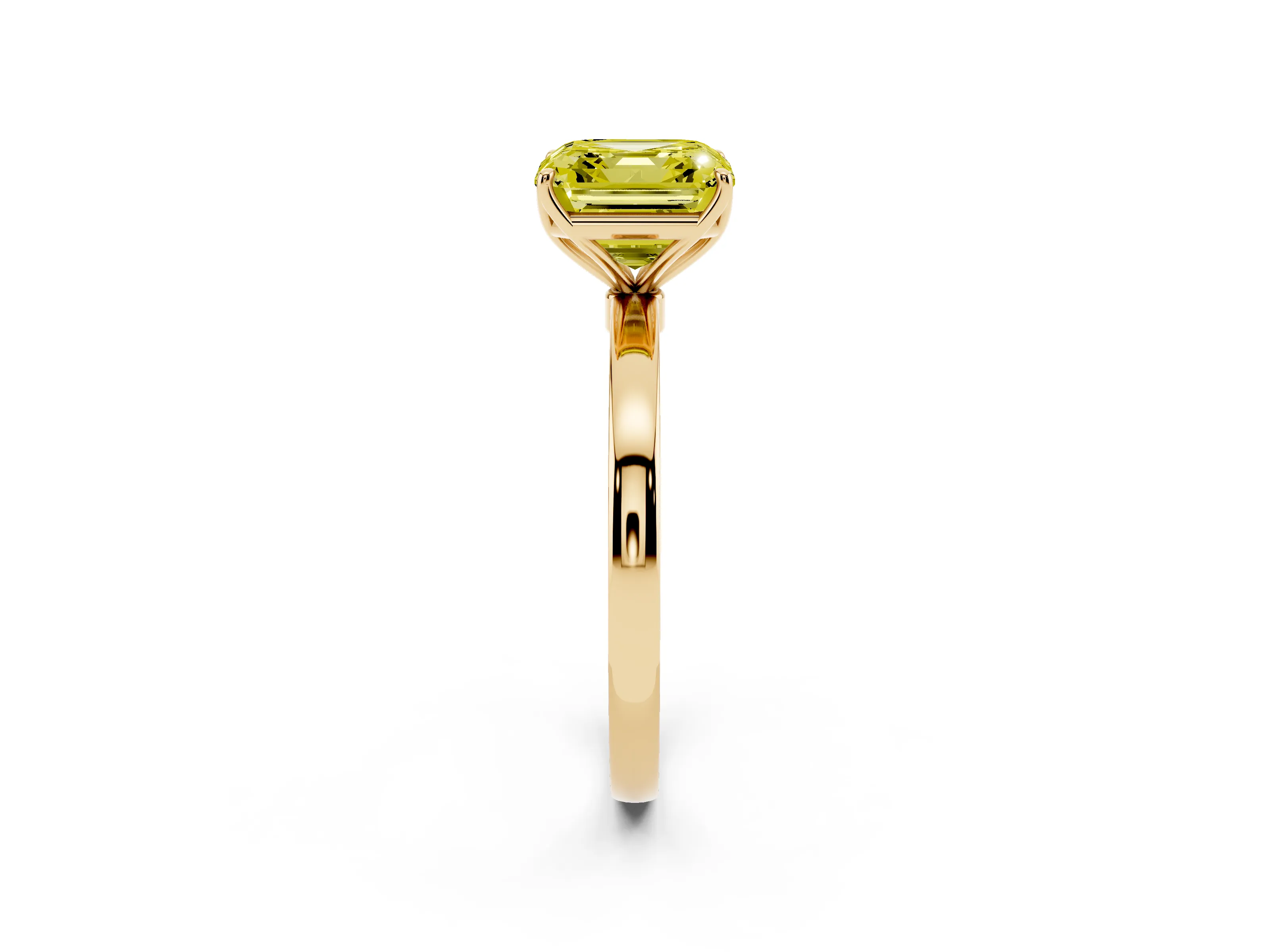 Fancy Yellow Asscher Cut Diamond Solitaire Ring Set in Yellow gold with Prong Setting and Thin Polished Band