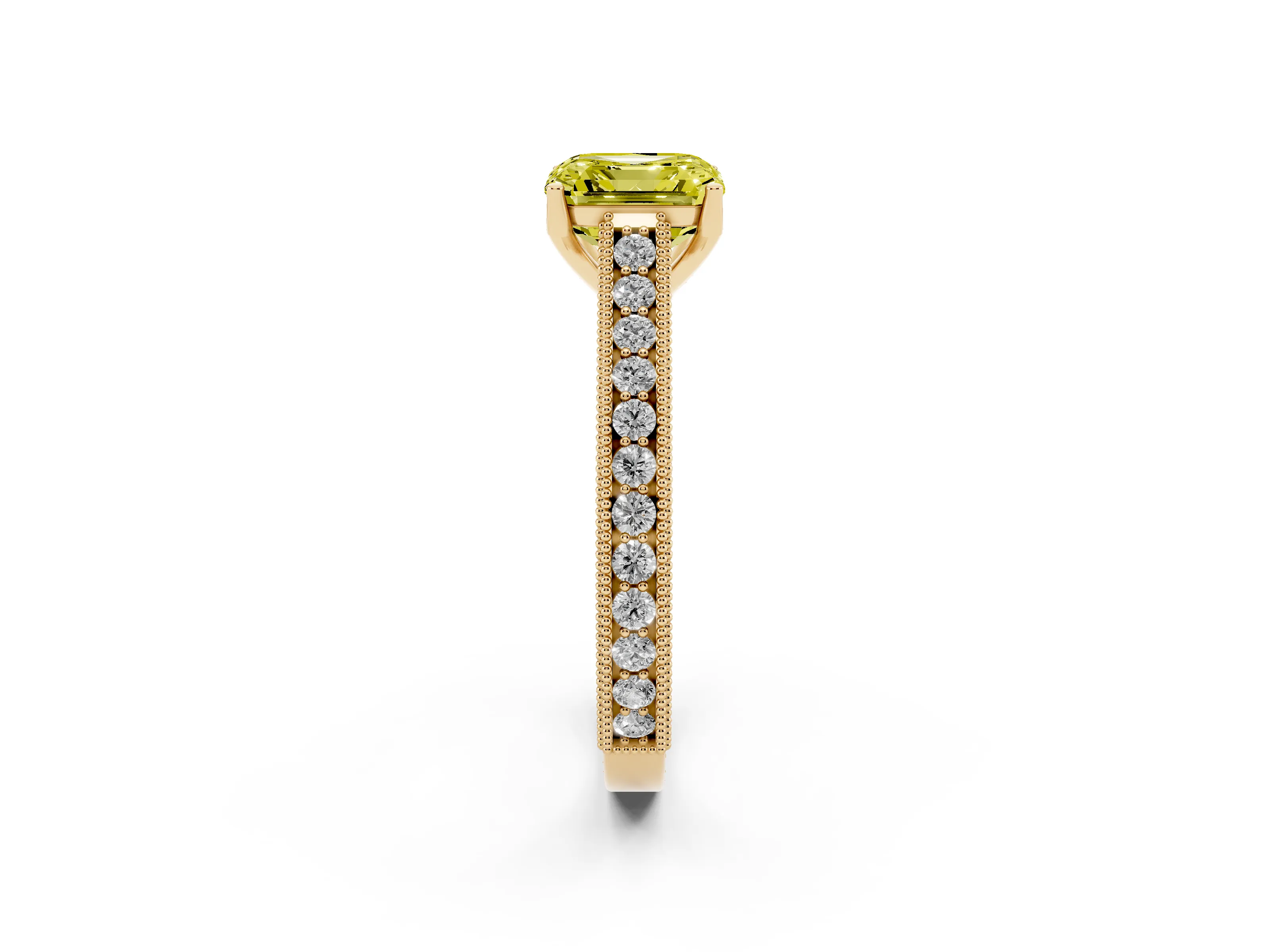 Fancy Yellow Asscher Cut Diamond Milgrain Pavé Band Solitaire Ring Set in Yellow gold with Prong Setting