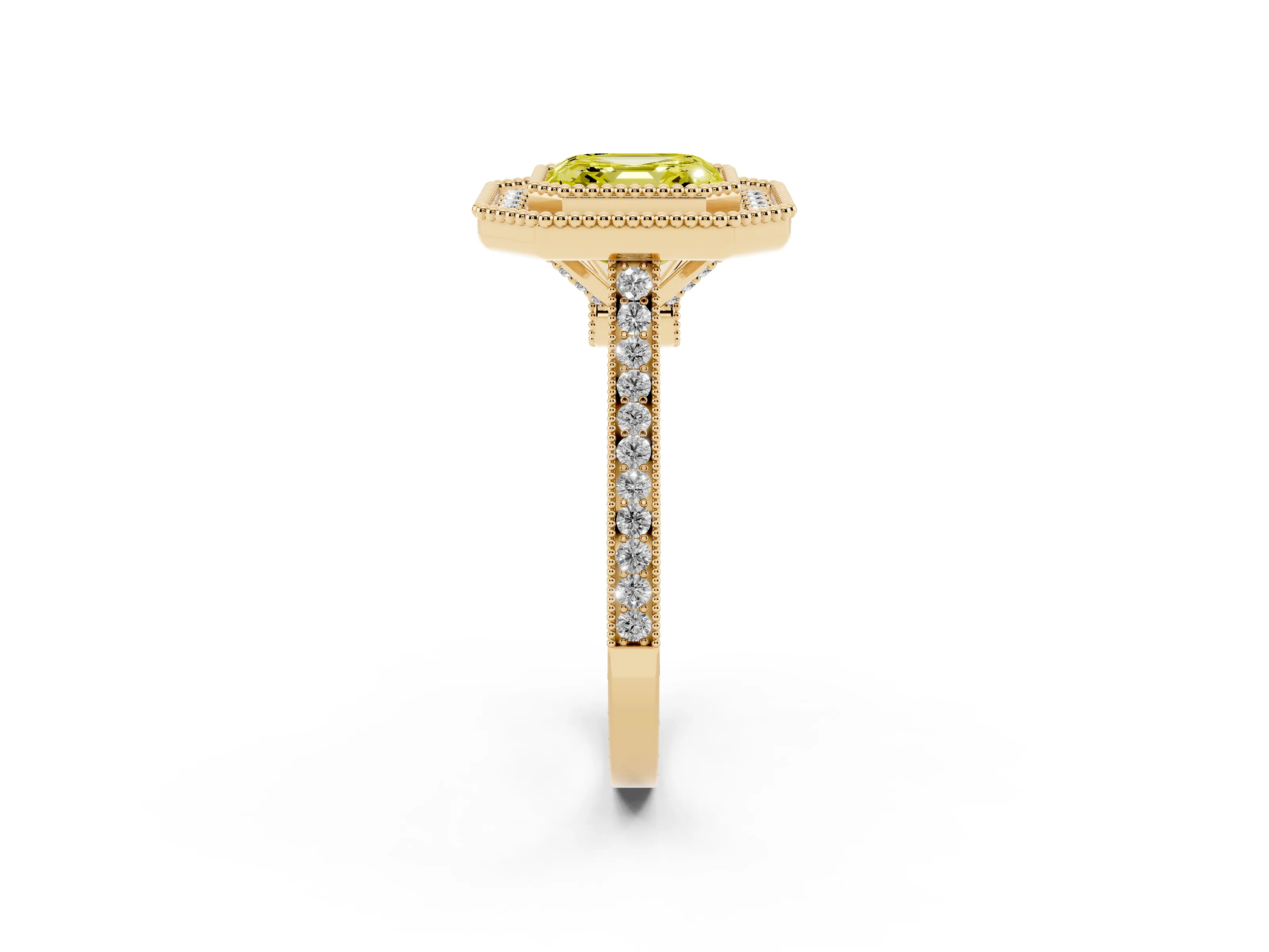 Fancy Yellow Asscher Cut Diamond Halo Ring Set in Yellow gold with Milgrain Frame and Pavé Band