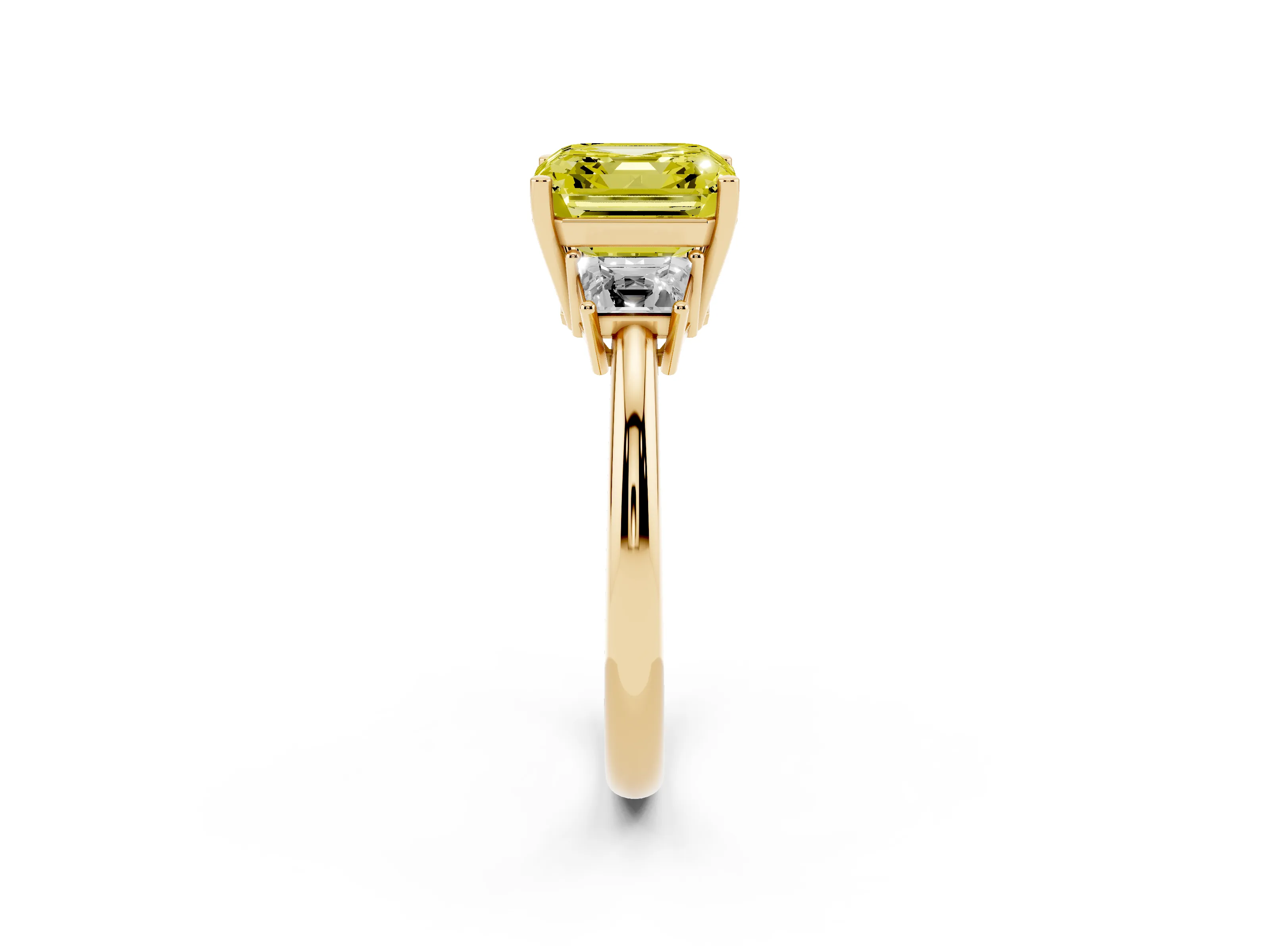 Fancy Yellow Asscher Cut Diamond Three-Stone Ring Set in Yellow gold with Trapezoid Side Stones and Prong Setting