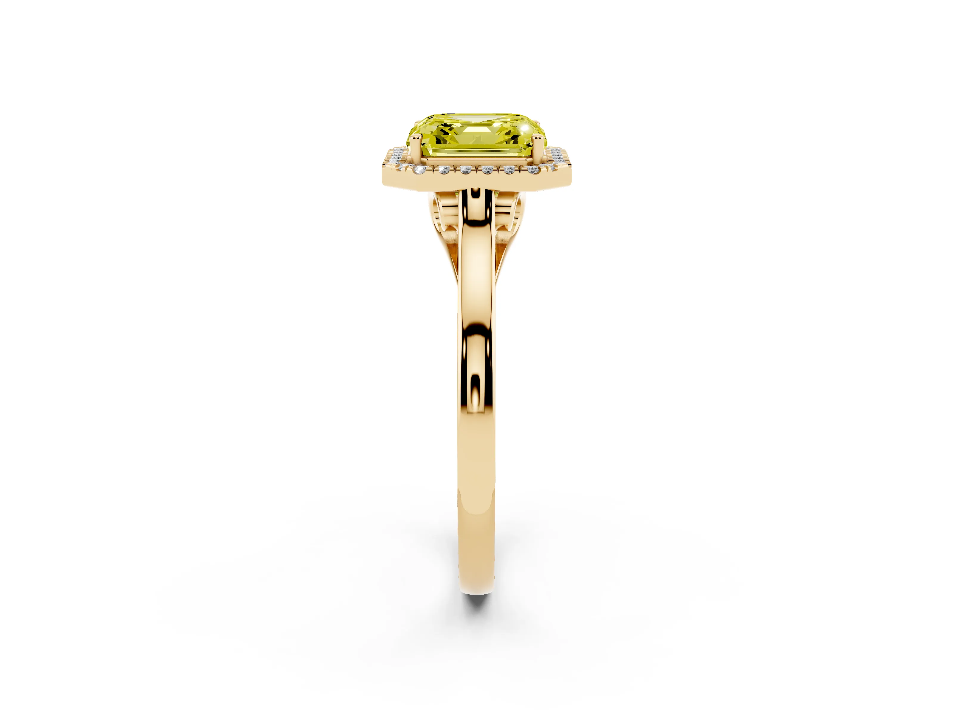 Fancy Yellow Asscher Cut Halo Round Diamond Solitaire Ring Set in Yellow gold with Pavé Band and Prong Setting