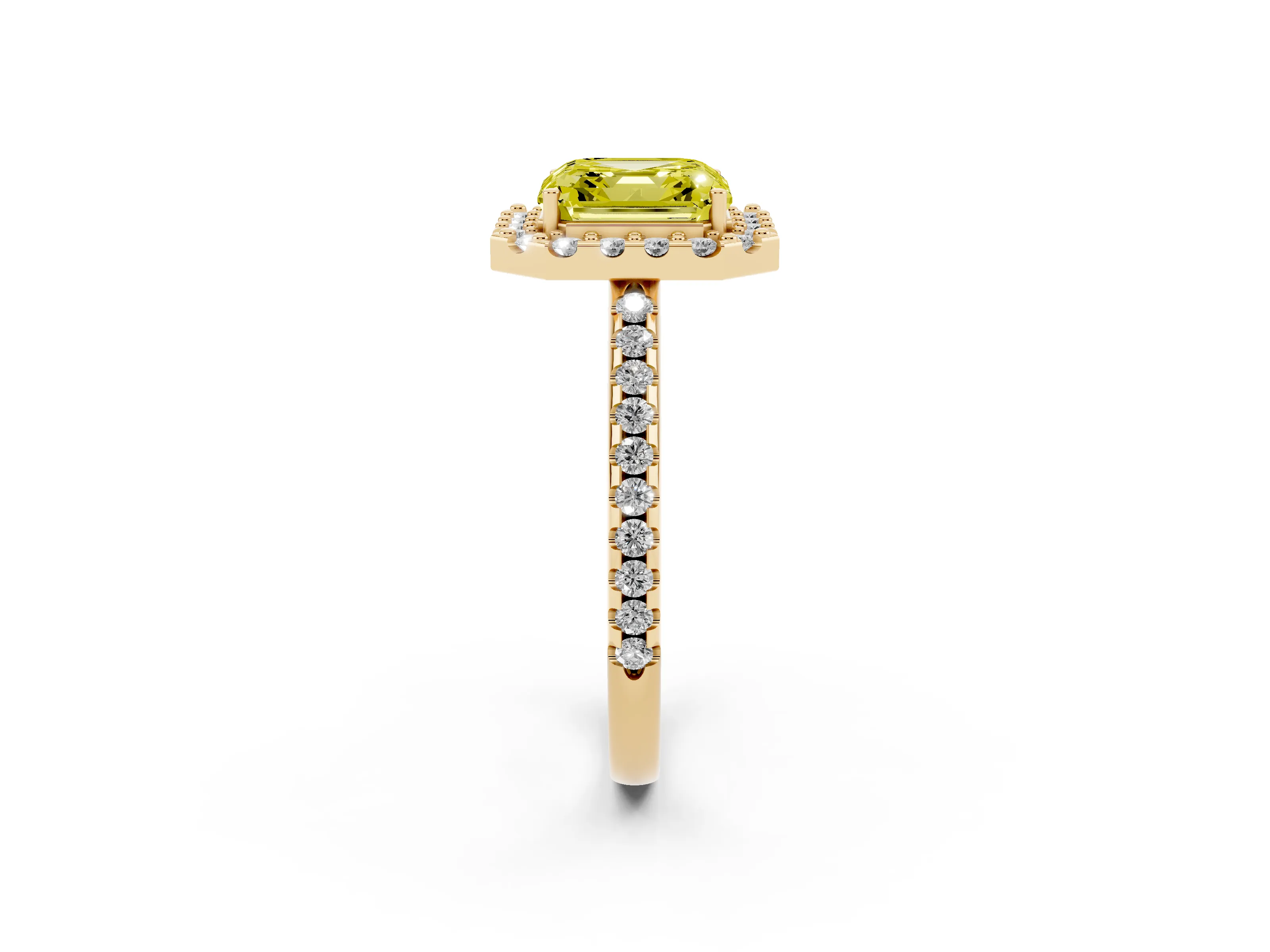 Fancy Yellow Asscher Cut Diamond Pavé Halo Ring Set in Yellow gold with Prong Setting