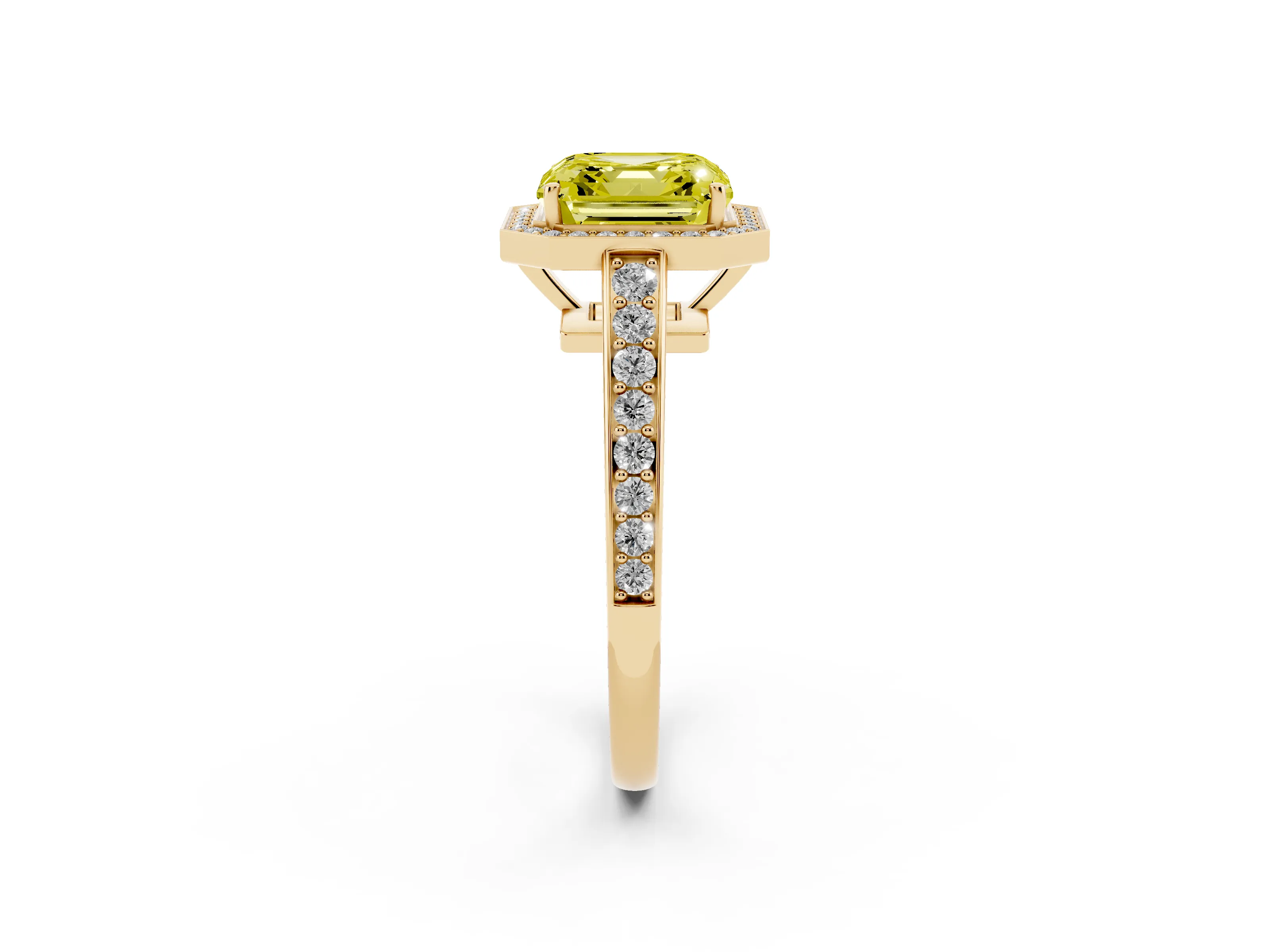 Fancy Yellow Asscher Cut Diamond Halo Pavé Engagement Ring Set in Yellow gold with Bezel Setting