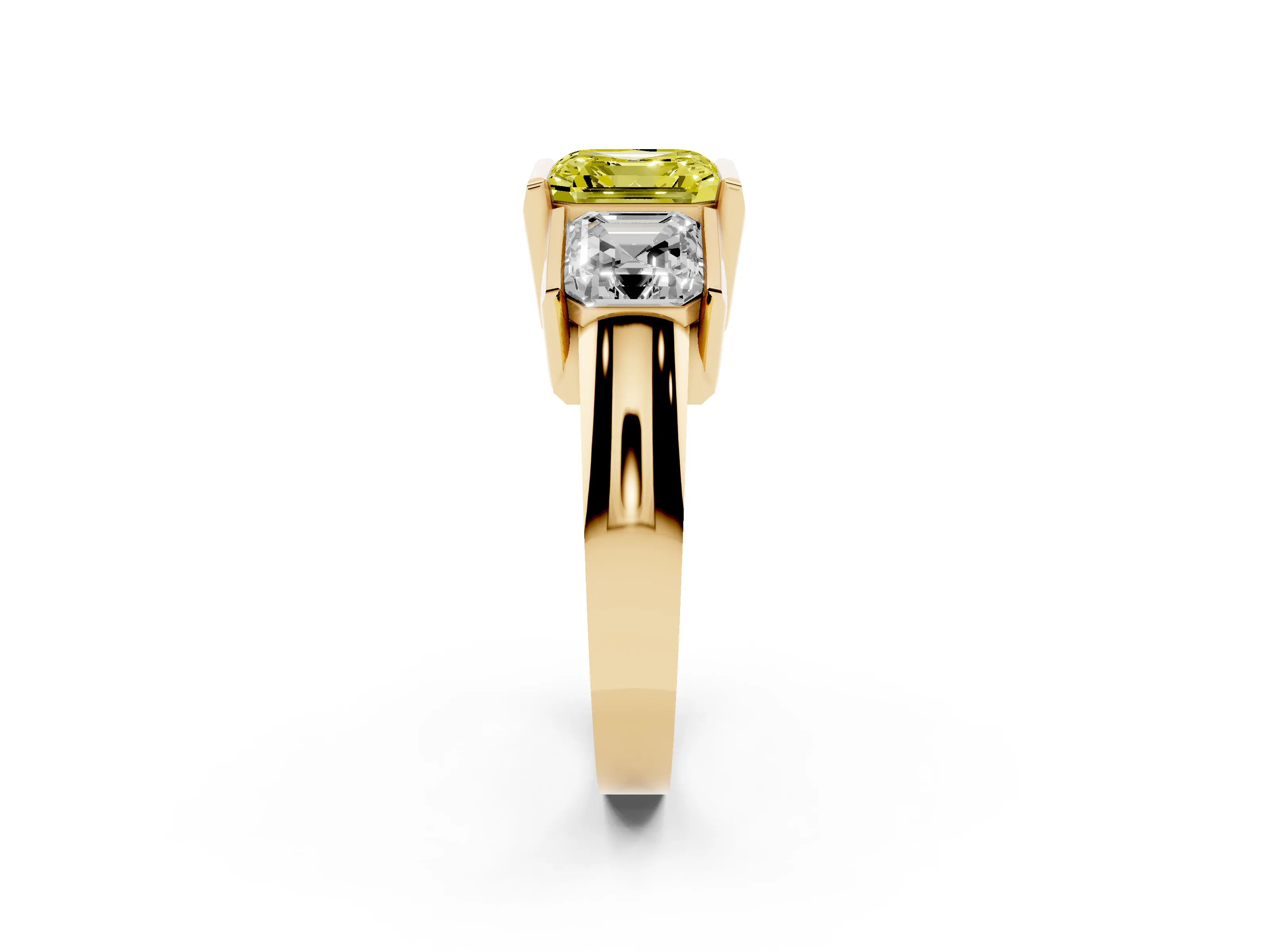 Fancy Yellow Asscher Cut Diamond Three-Stone Channel Set Ring Set in Yellow gold with Smooth Polished Band