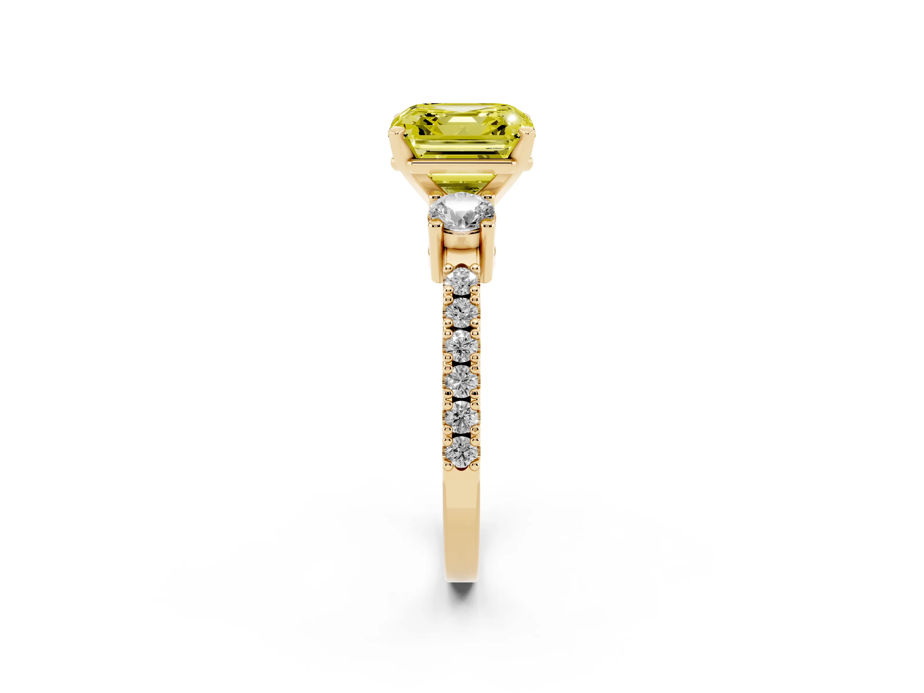 Fancy Yellow Three-Stone Asscher Cut Diamond Pavé Band Ring Set in Yellow gold with Prong Setting