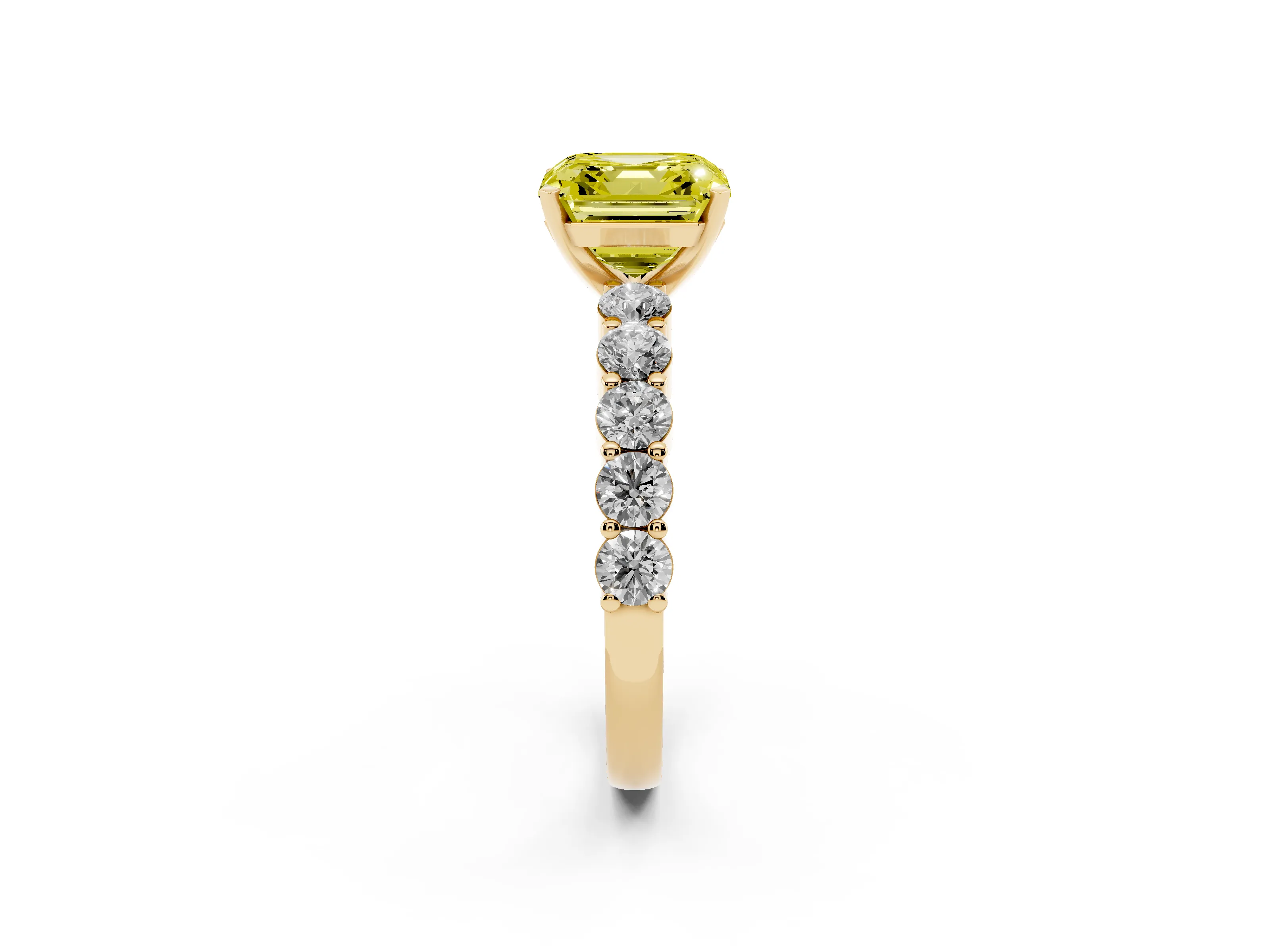 Fancy Yellow Asscher Cut Diamond Solitaire Ring Set in Yellow gold with Shared Prong Round Side Stones