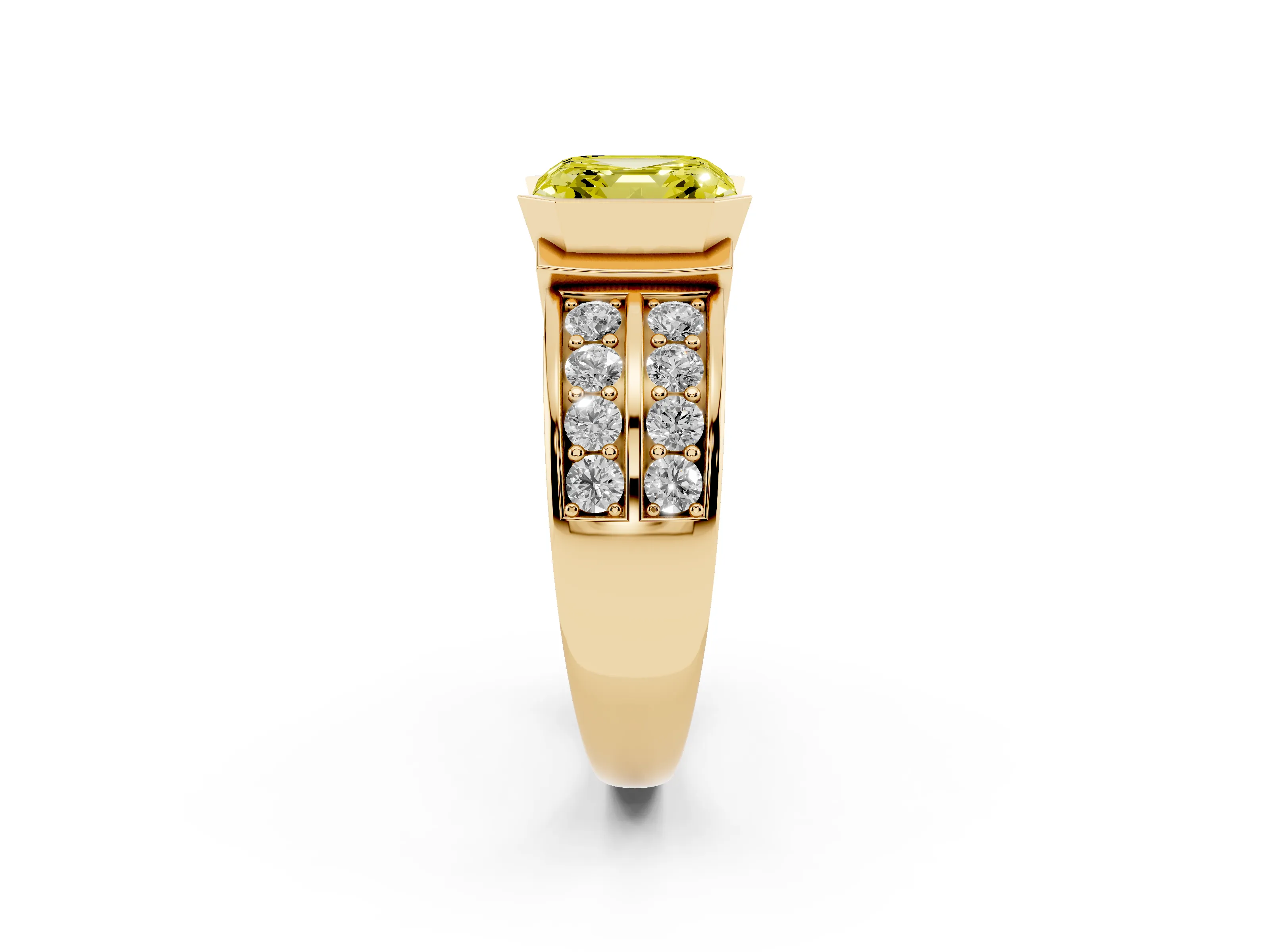Fancy Yellow Asscher Cut Diamond Wide Channel Set Band Ring Set in Yellow gold with Bezel Setting