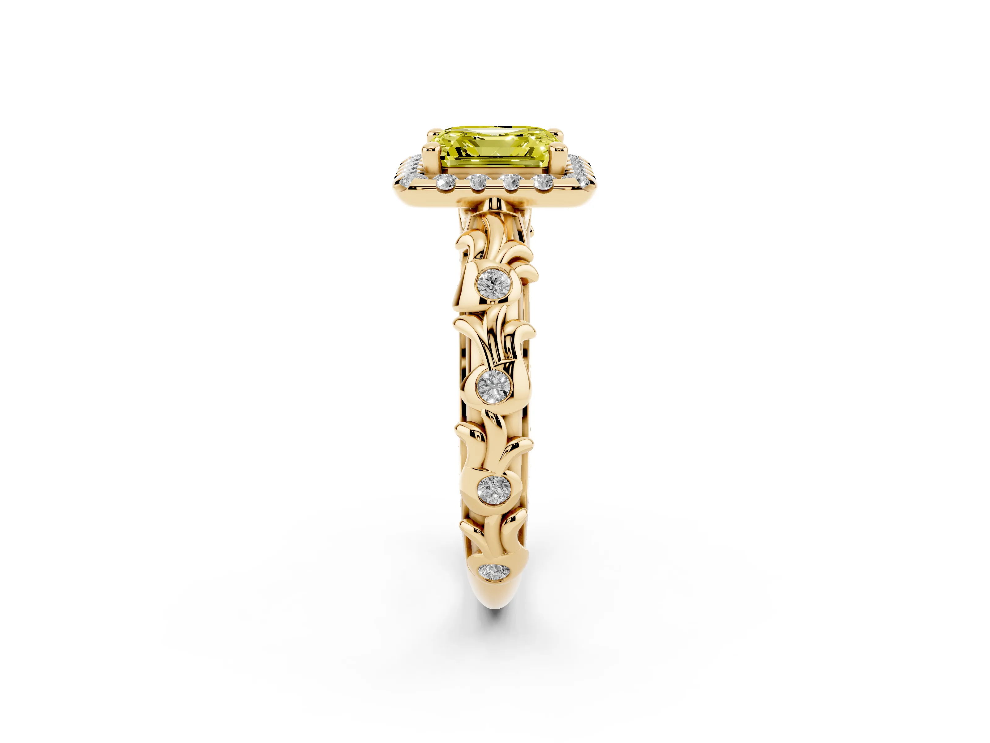 Fancy Yellow Asscher Cut Diamond Halo Ring Set in Yellow gold with Filigree Leaf Band and Prong Setting