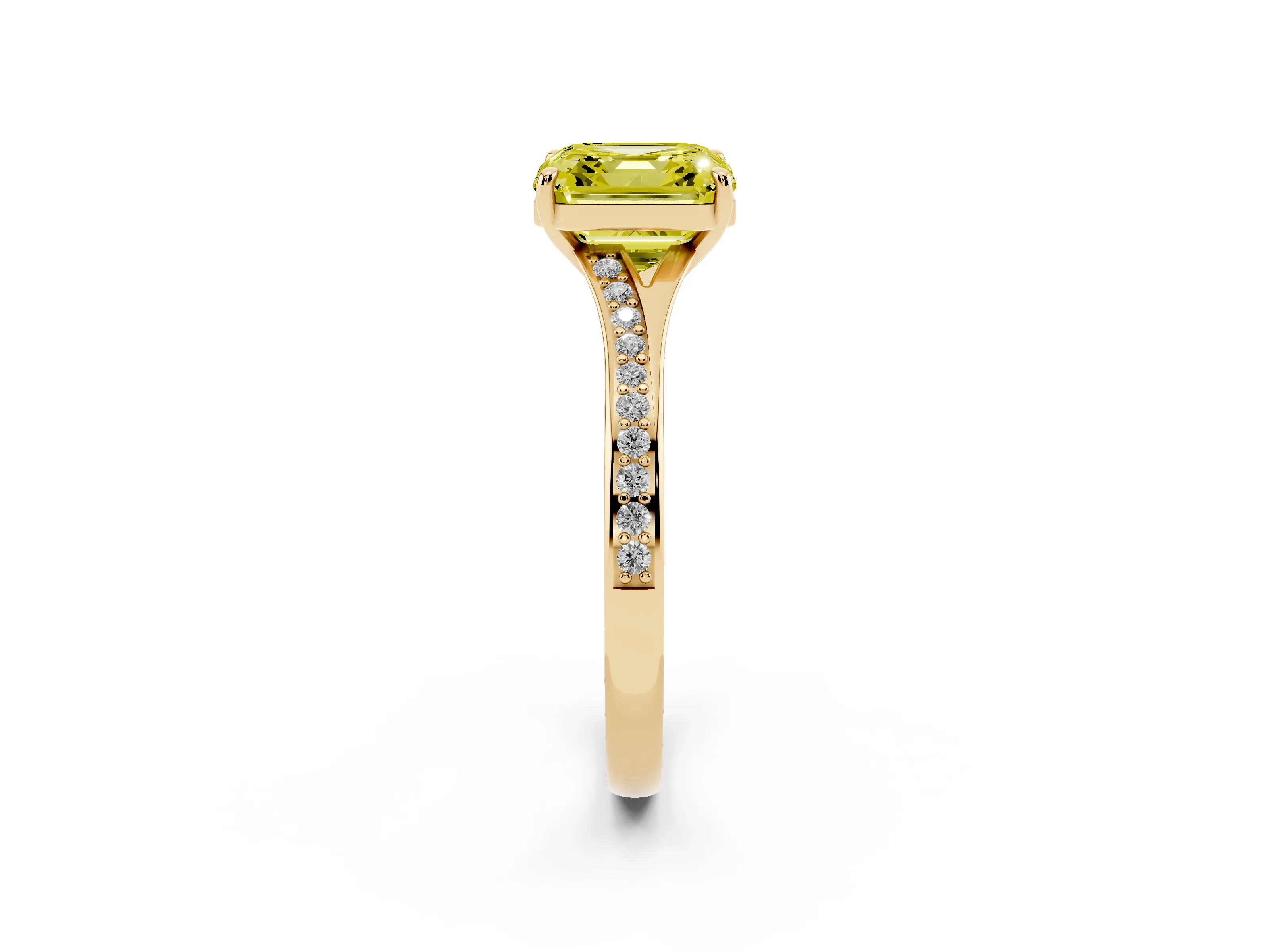 Fancy Yellow Asscher Cut Diamond Solitaire Ring Set in Yellow gold with Pavé Accent Band and Classic Prong Setting