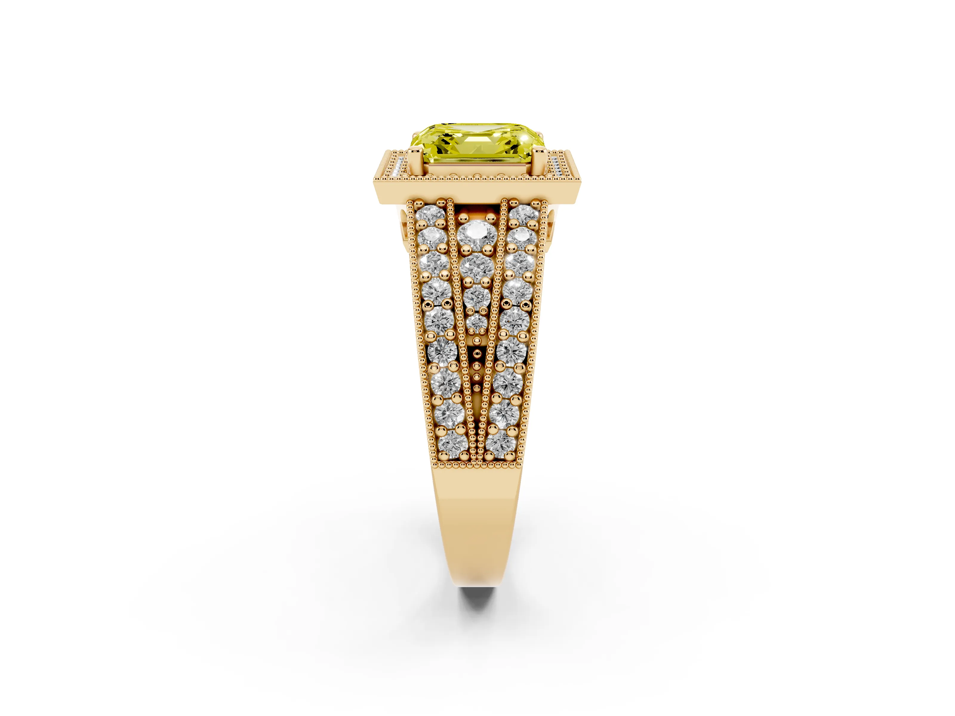Fancy Yellow Asscher Cut Diamond Halo Ring Set in Yellow gold with Accent Split Shank and Prong Setting