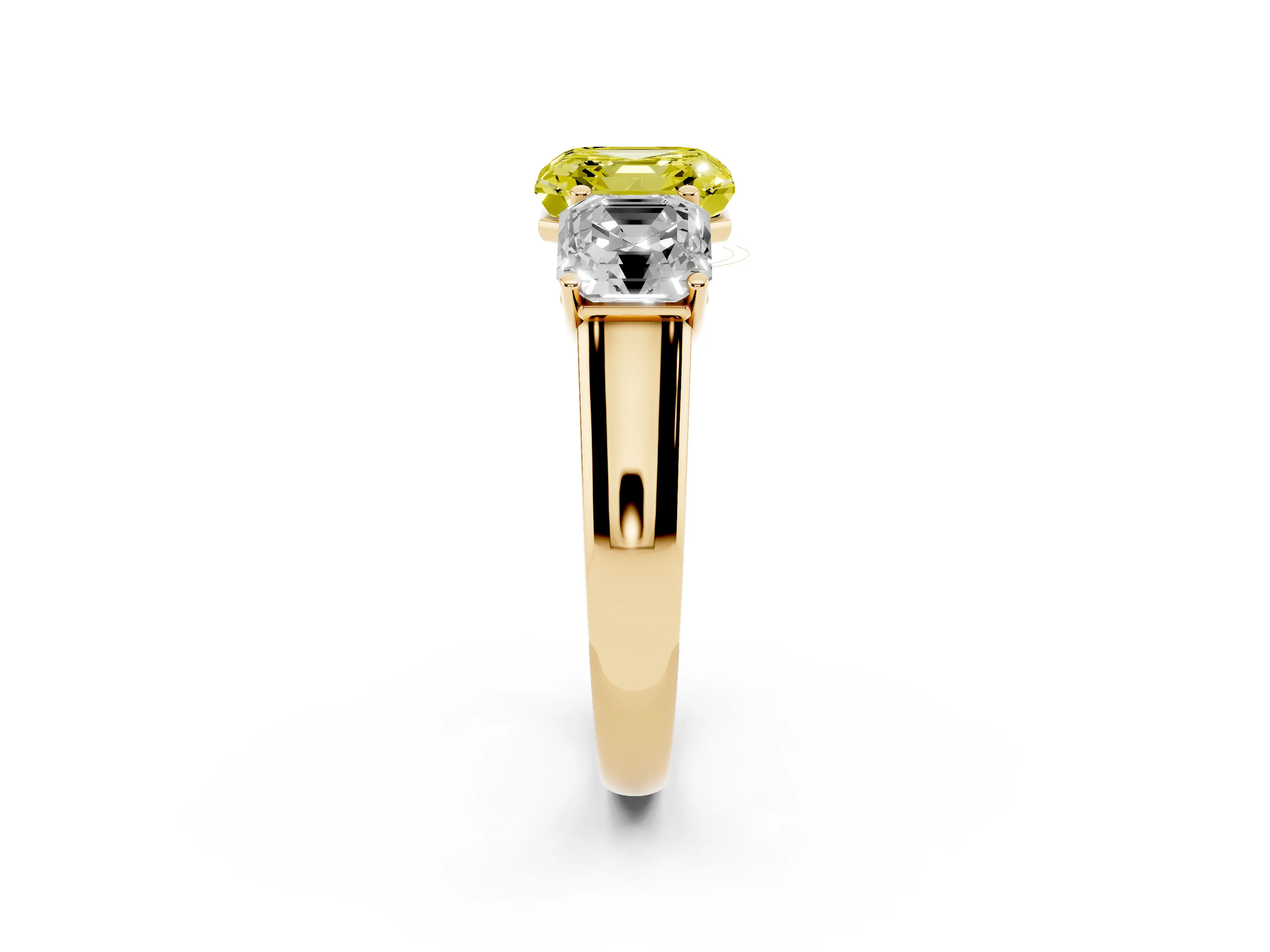 Fancy Yellow Asscher Cut Diamond Three-Stone Ring Set in Yellow gold with Plain Polished Band