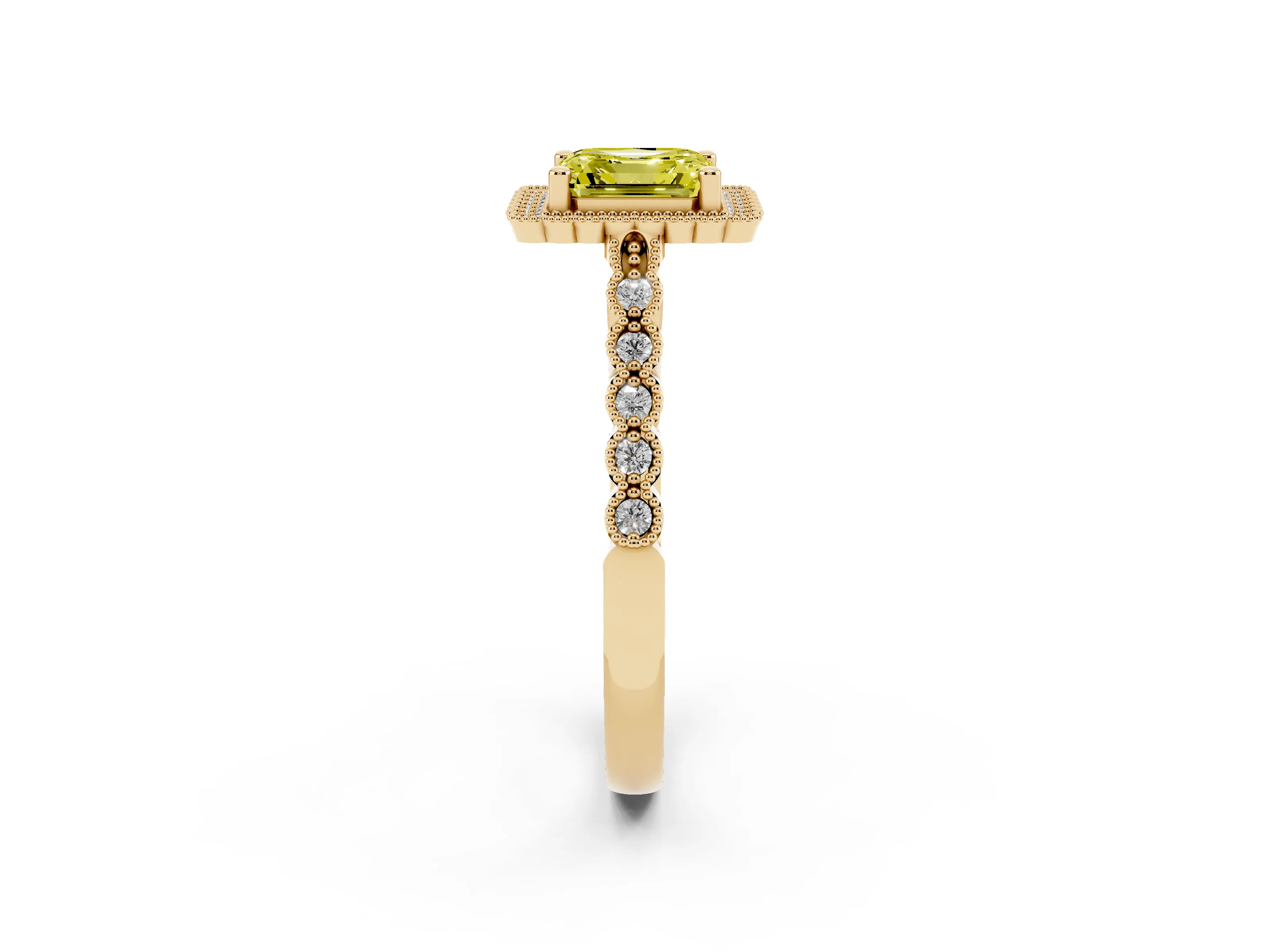 Fancy Yellow Asscher Cut Diamond Halo Ring Set in Yellow gold with Pavé Milgrain Band