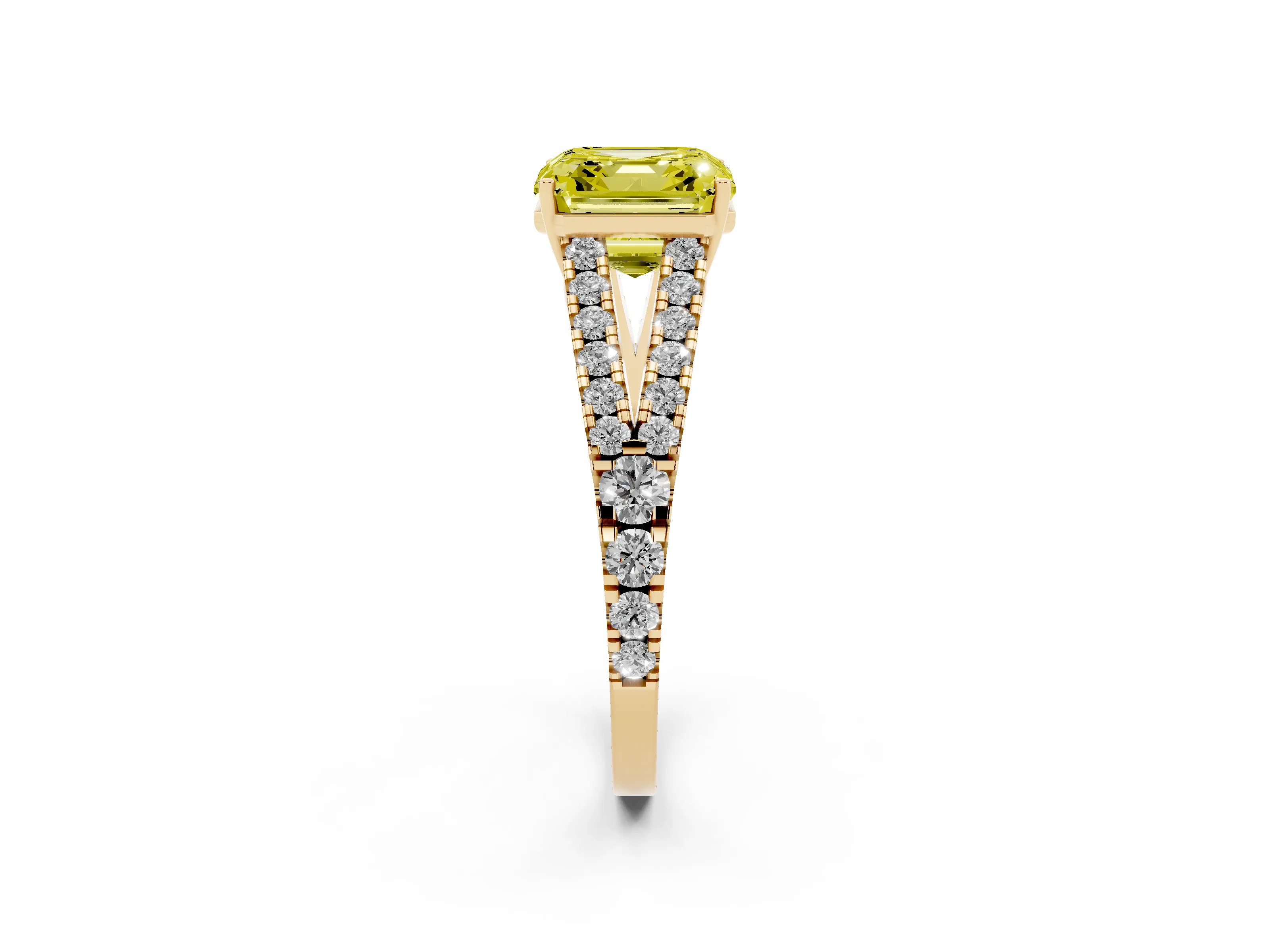 Fancy Yellow Asscher Cut Diamond Split Shank Engagement Ring Set in Yellow gold with Round Pavé and Prong Setting