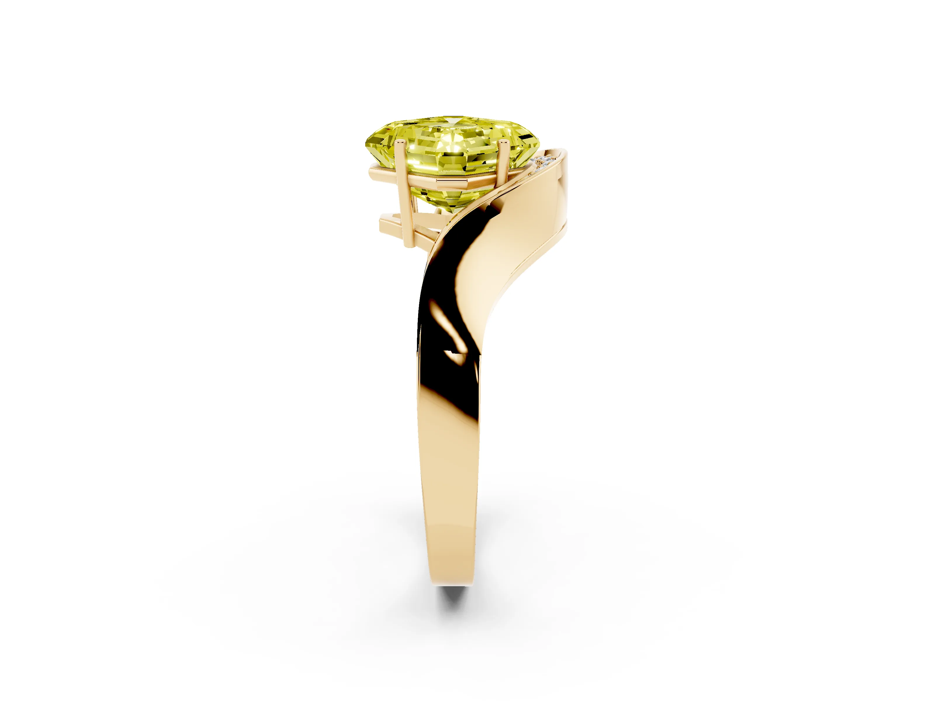 Fancy Yellow Asscher Cut Diamond Solitaire Engagement Ring Set in Yellow gold with Pavé Shoulders