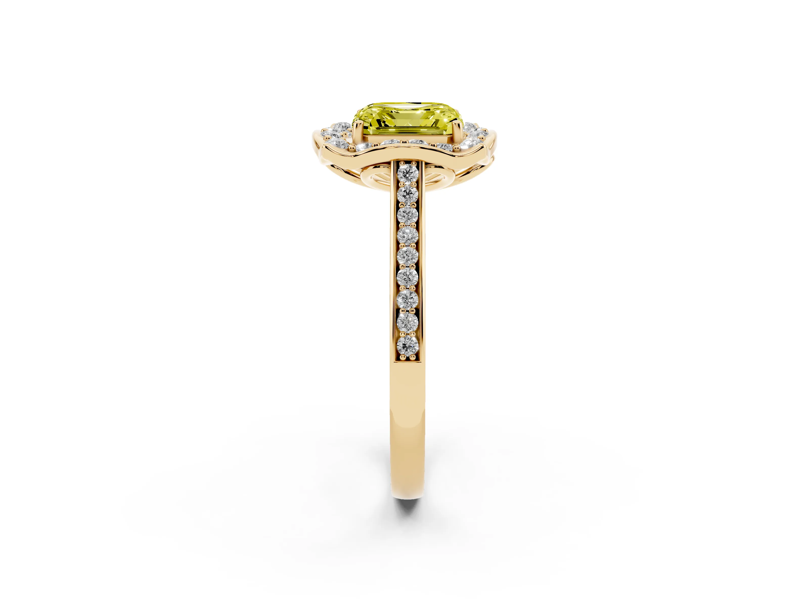 Fancy Yellow Asscher Cut Diamond Halo Ring Set in Yellow gold with Pavé-Lined Shoulders and Prong Setting
