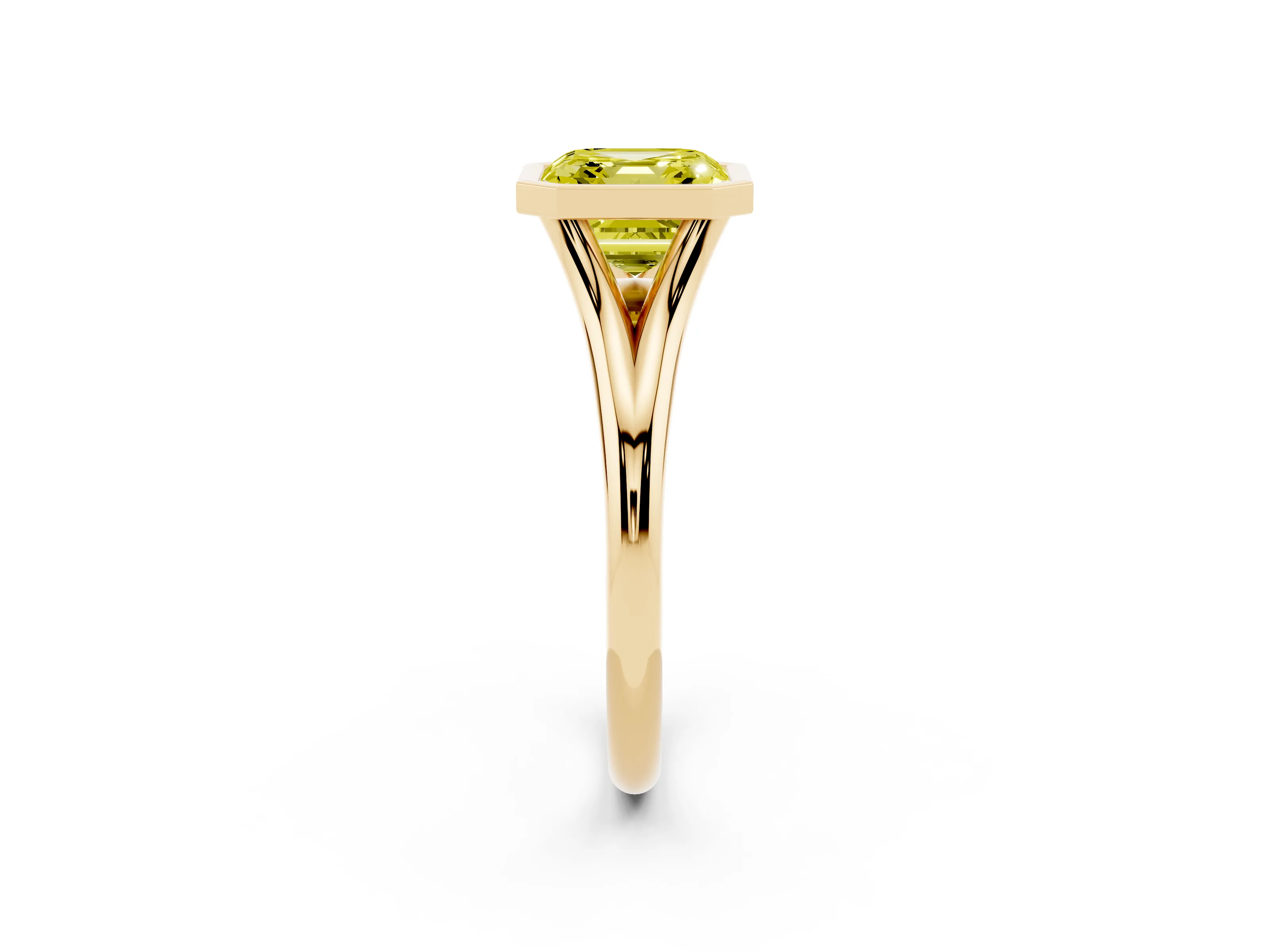 Fancy Yellow Bezel Set Asscher Cut Diamond Solitaire Ring Set in Yellow gold with Tapered Band
