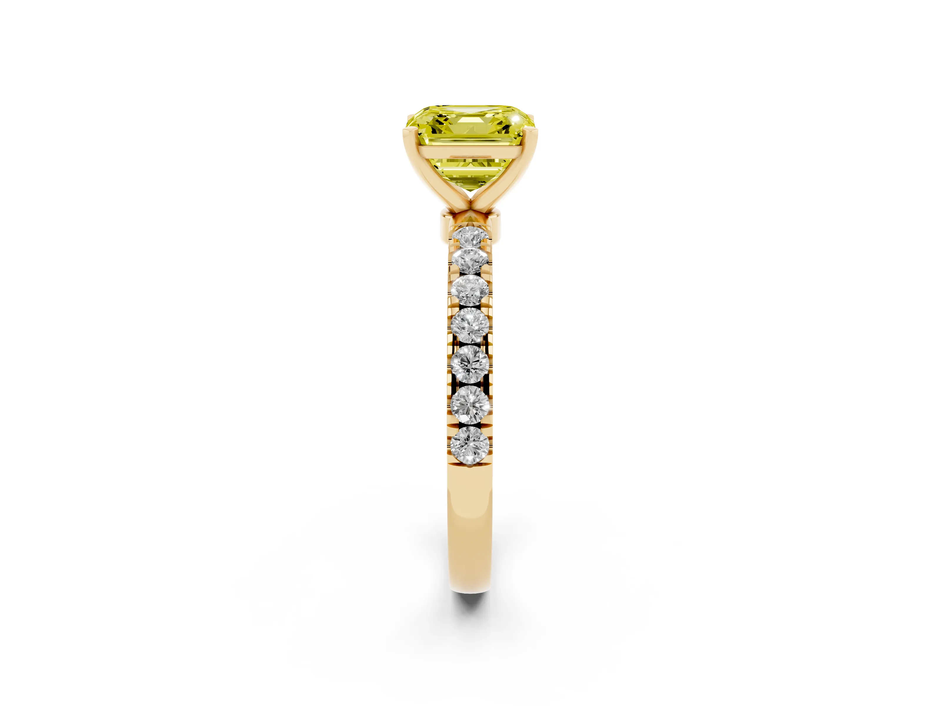 Fancy Yellow Asscher Cut Diamond Solitaire Ring Set in Yellow gold with Pavé Accents and Prong Setting