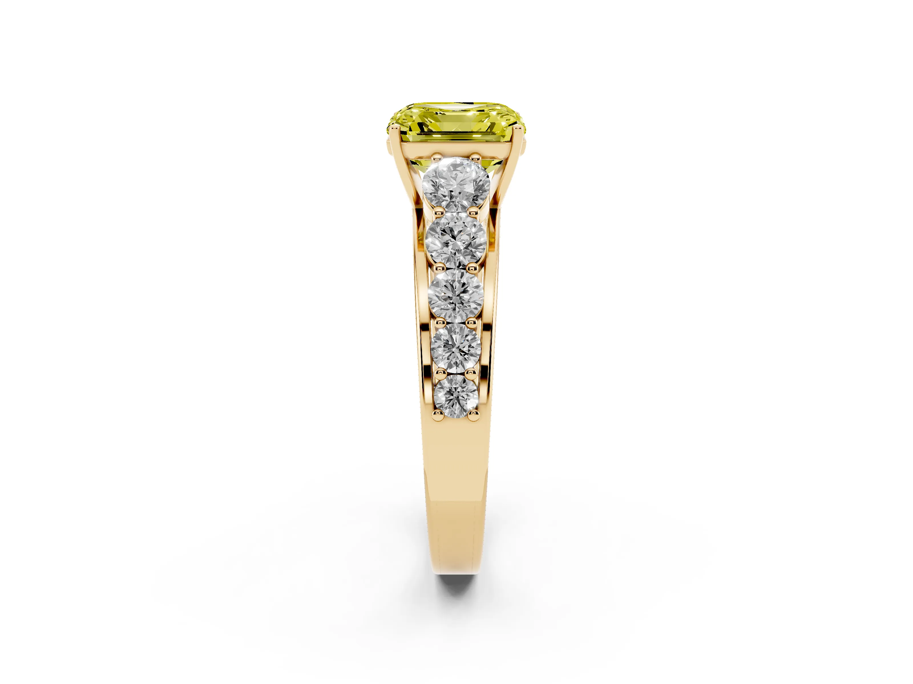Fancy Yellow Asscher Cut Diamond Solitaire Ring Set in Yellow gold with Pavé-Set Band and Prong Setting