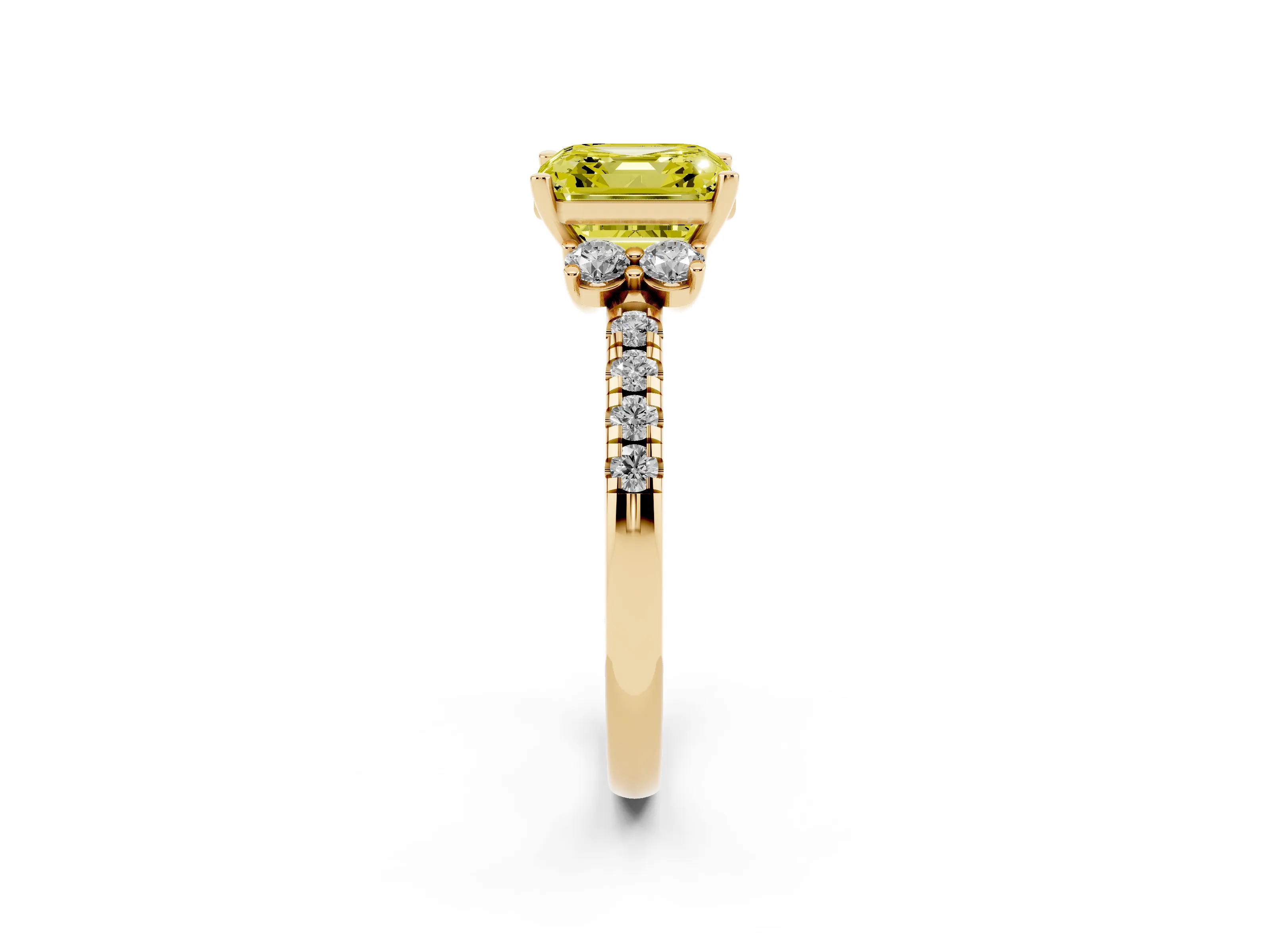 Fancy Yellow Asscher Cut Diamond Three-Stone Pavé Ring Set in Yellow gold with Prong Setting