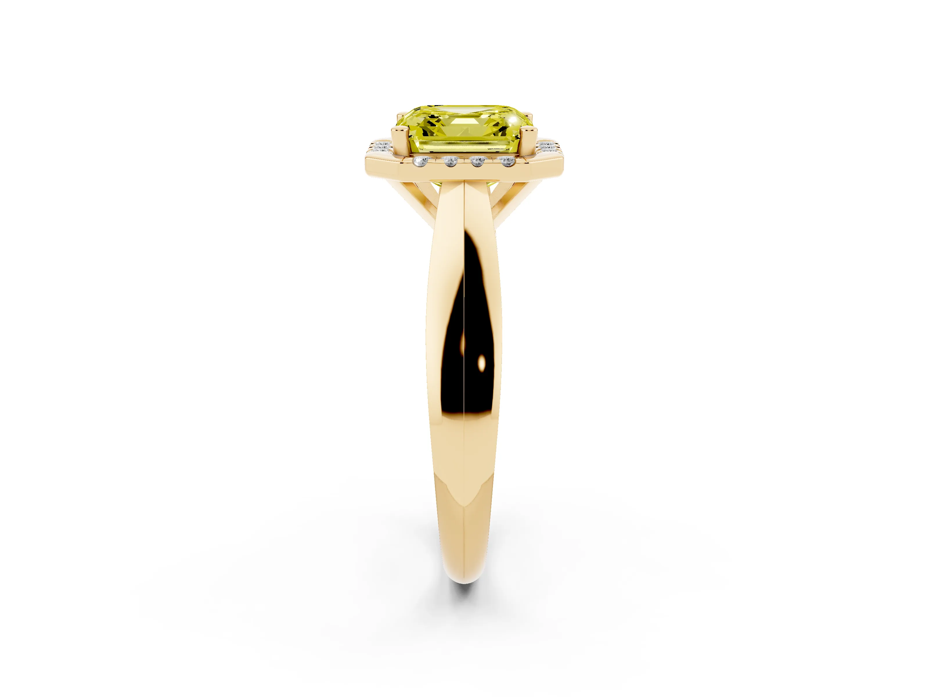 Fancy Yellow Asscher Cut Diamond Halo Solitaire Engagement Ring Set in Yellow gold with Square Band and Prong Setting