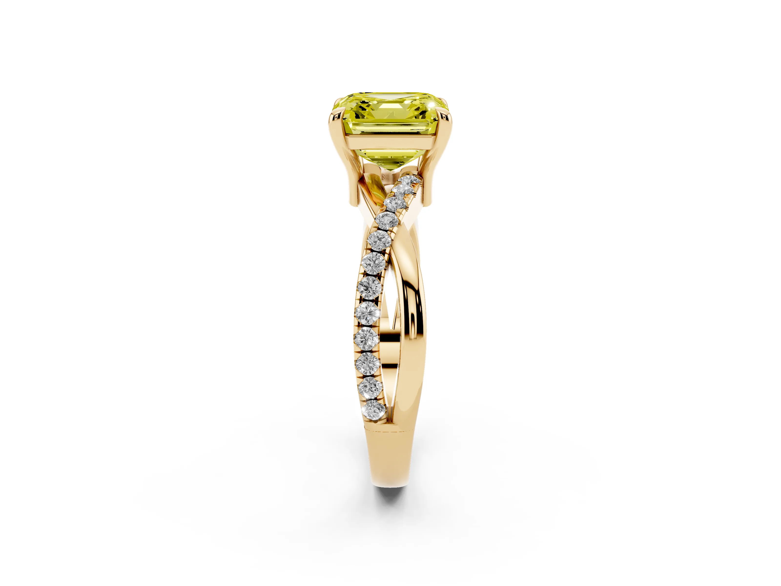 Fancy Yellow Asscher Cut Diamond Twist Band Pavé Solitaire Ring Set in Yellow gold with Prong Setting