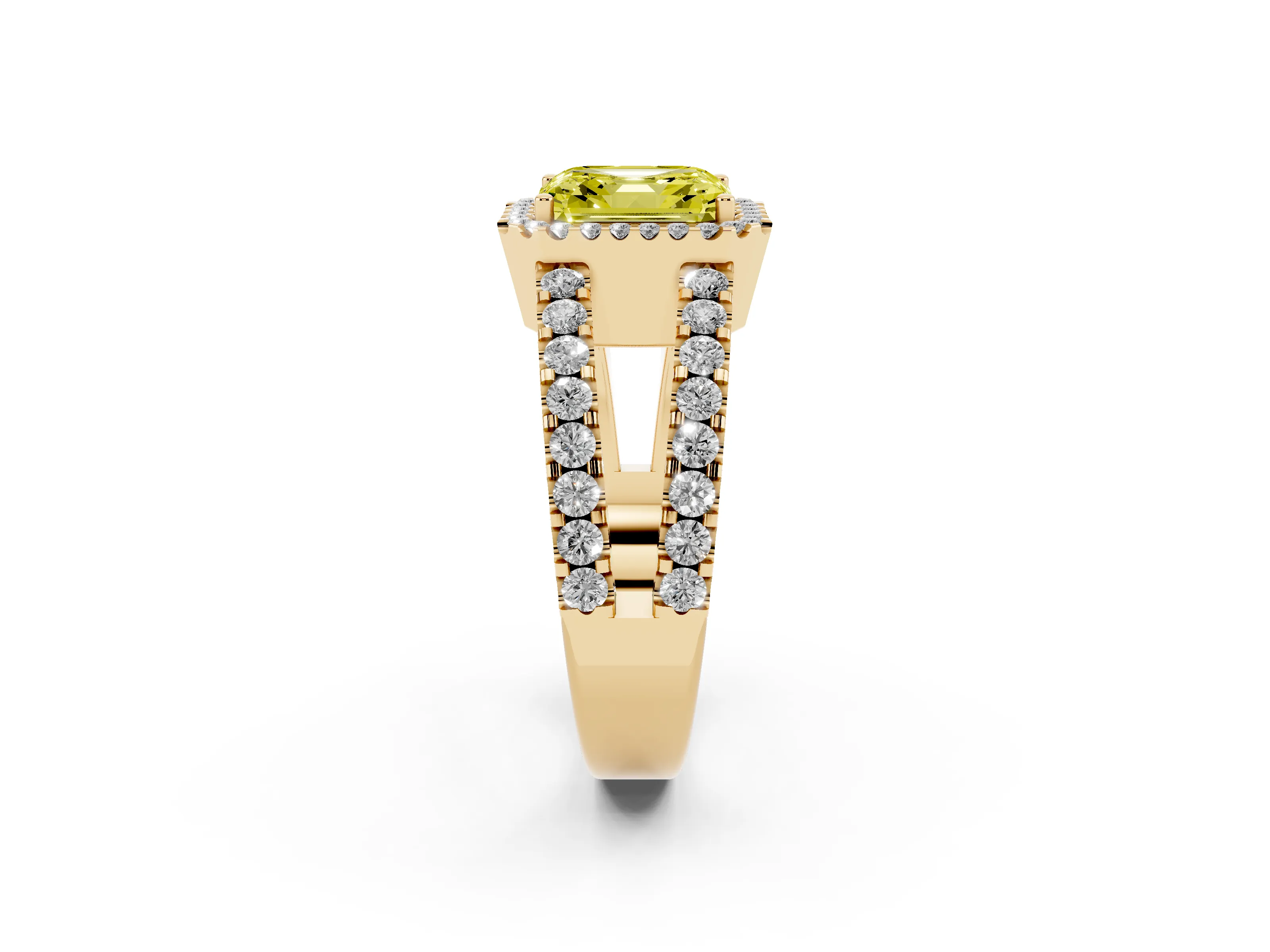 Fancy Yellow Asscher Cut Diamond Halo Ring Set in Yellow gold with Pavé Split Shank and Prong Setting