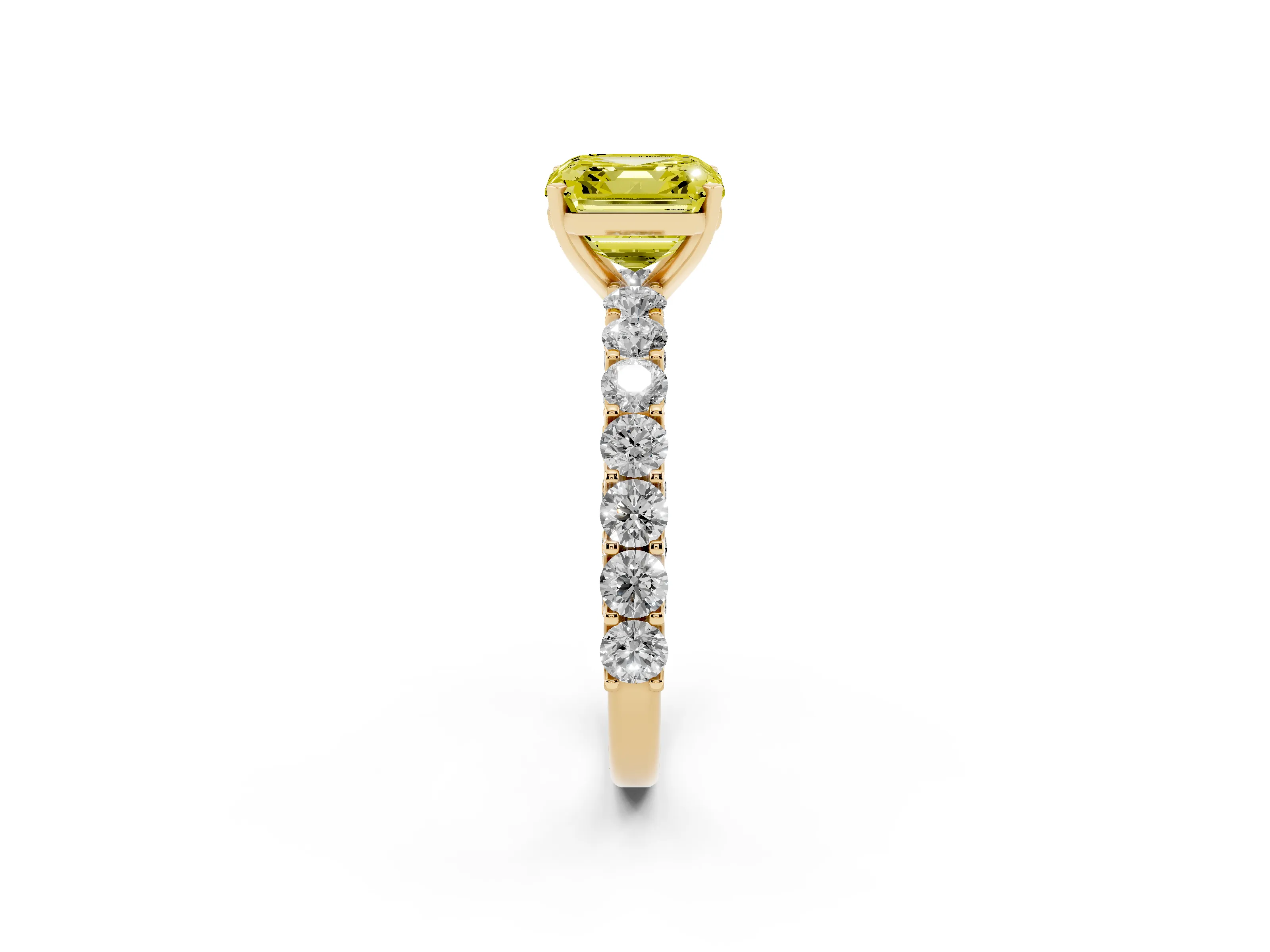 Fancy Yellow Asscher Cut Diamond Solitaire Ring Set in Yellow gold with Shared Prong Pavé Band
