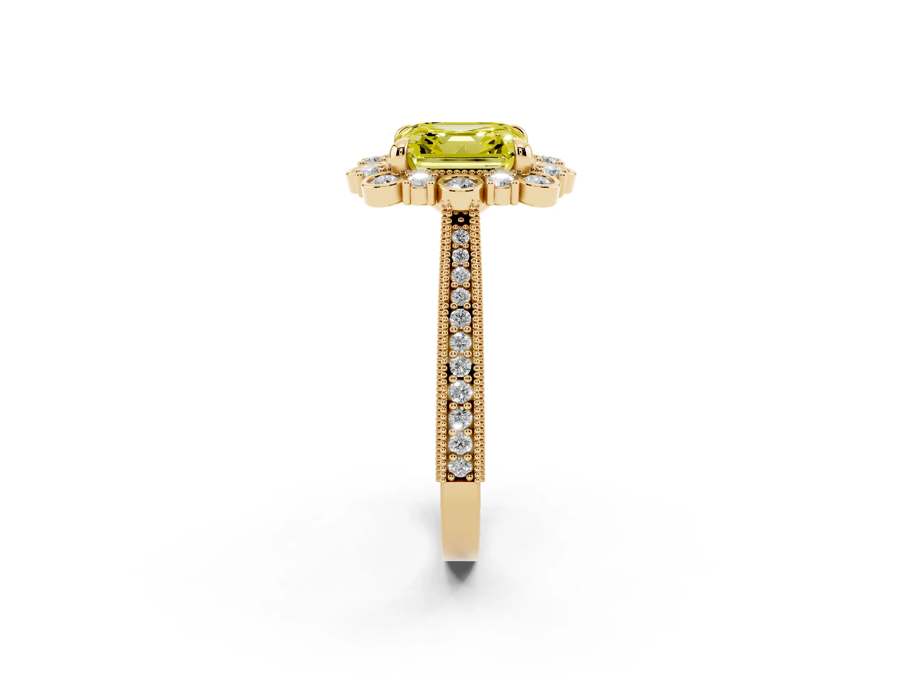 Fancy Yellow Asscher Cut Diamond Halo Milgrain Pavé Ring Set in Yellow gold with Prong Setting