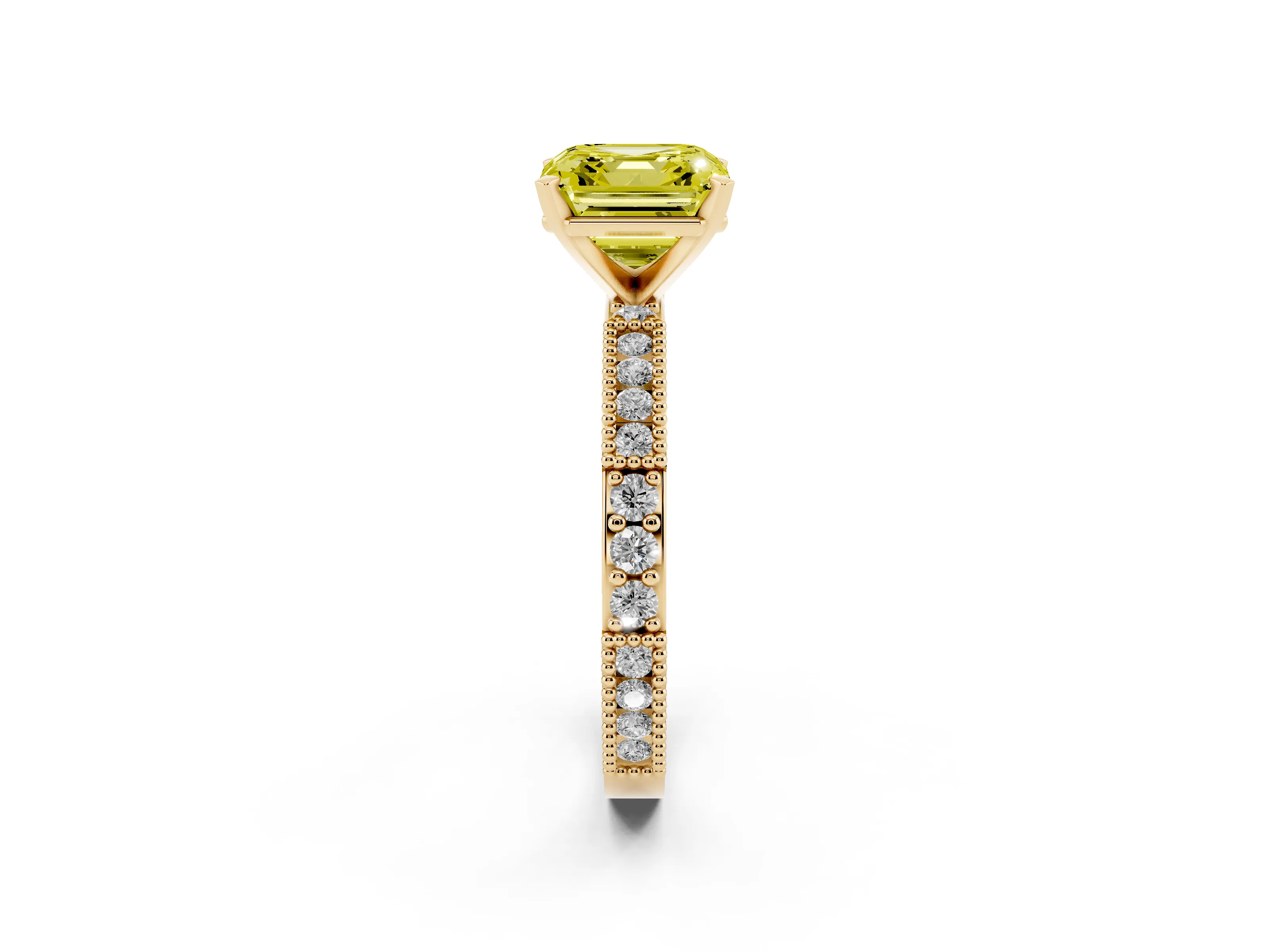 Fancy Yellow Asscher Cut Diamond Solitaire Ring Set in Yellow gold with Slim Pavé Band and Prong Setting